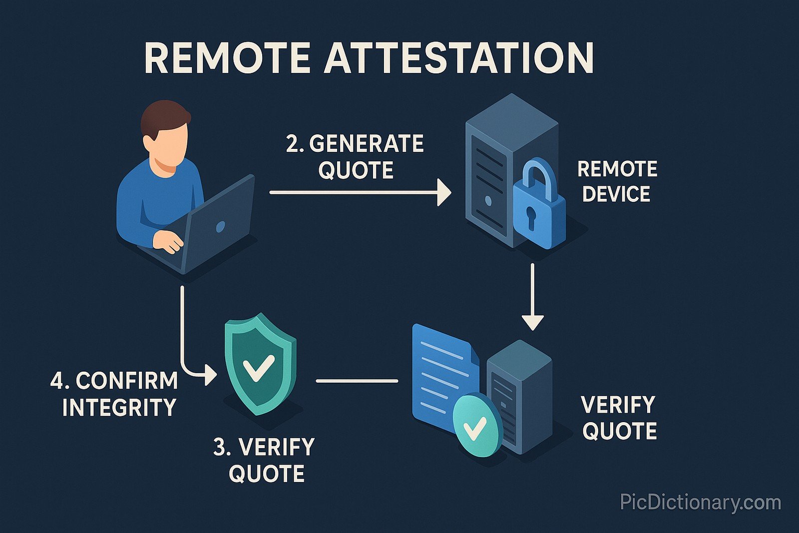 A 3D-style infographic explains the process of Remote Attestation. It shows a four-step workflow on a dark blue background. Step 1 is a person at a laptop initiating the process. Step 2 shows a locked remote device generating a cryptographic "quote." Step 3 illustrates the quote being verified by a secure server. Step 4 shows a green shield confirming system integrity. Arrows connect all steps.