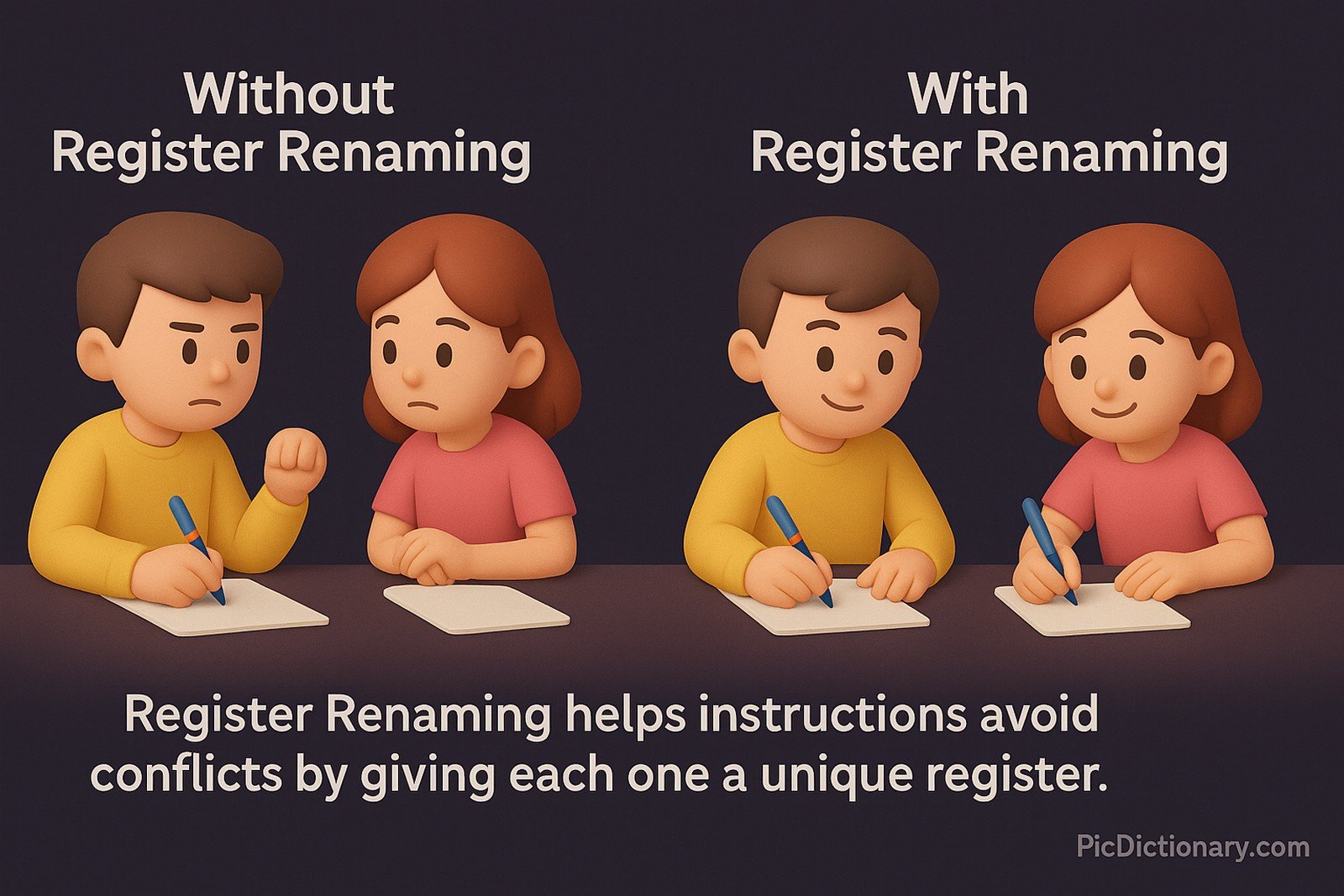 A side-by-side 3D illustration comparing two scenarios: On the left, two students share a single pen, taking turns to write on a project — labeled “Without Register Renaming.” On the right, each student has their own pen and writes simultaneously — labeled “With Register Renaming.”
