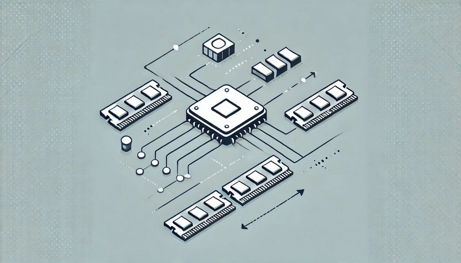  A minimalistic digital illustration of a memory controller, showing a processor connected to RAM modules with arrows indicating data flow. The clean and modern design visually represents memory management without text.