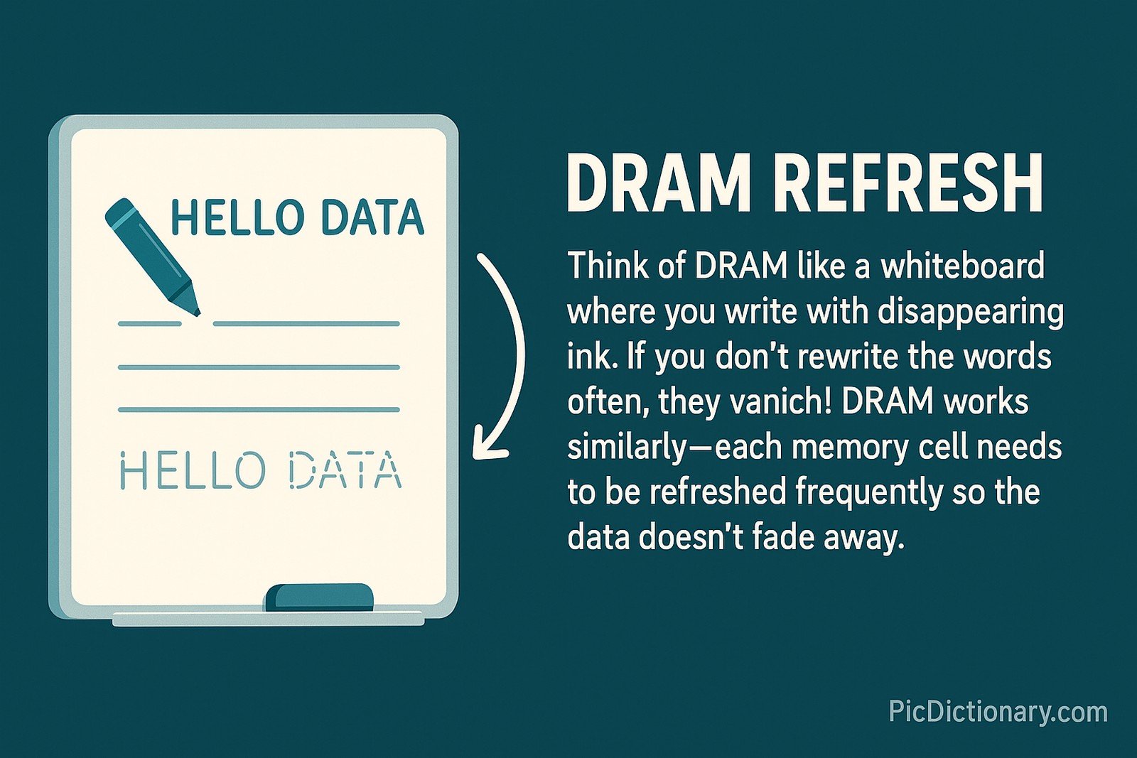 A 2D digital illustration explaining DRAM refresh. On the left, there's a whiteboard with fading text that says "HELLO DATA," written in disappearing ink, with a marker beside it. An arrow points to the right side where large text reads "DRAM REFRESH" and explains that DRAM is like a whiteboard needing frequent rewriting so data doesn't fade.