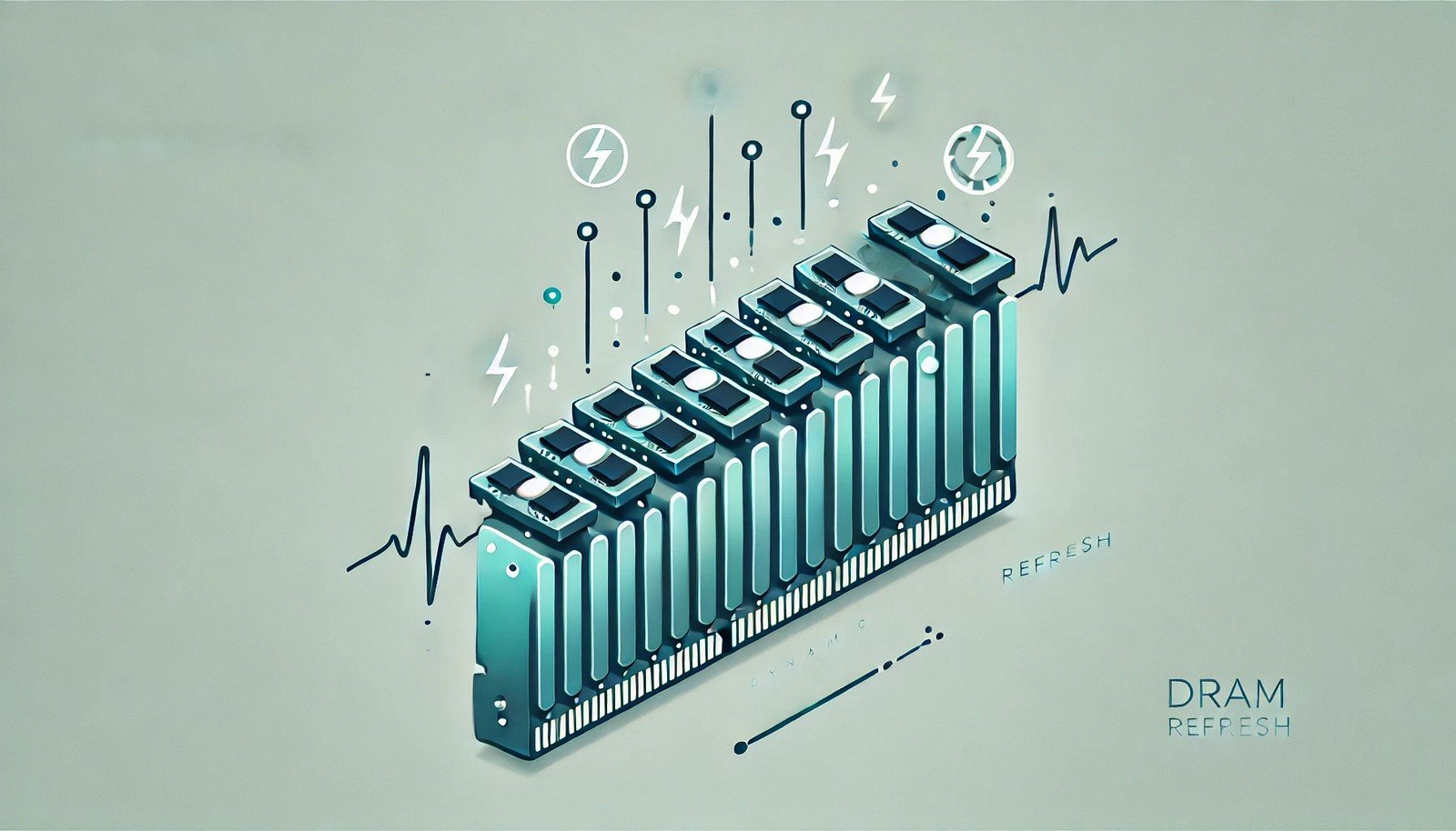 A modern, minimalistic illustration of DRAM refresh, showing dynamic RAM cells as small capacitors losing charge over time. A refresh pulse restores them, with blue and green hues symbolizing data integrity and stability.