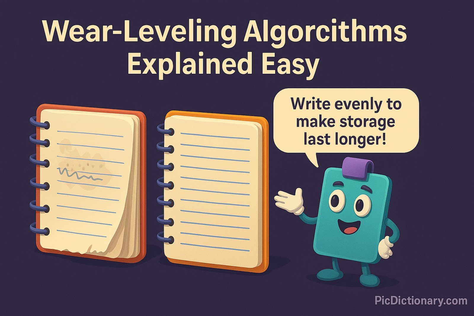 A 3D illustration showing two notebooks side by side under a dark background. The first notebook has its first few pages worn out and crumpled, while the rest of the pages look new and unused. The second notebook has writing spread evenly across many pages, all slightly used but in good condition. A cheerful cartoon-style "smart organizer" character (like a robot or animated binder clip) is shown directing the writing to different pages in the second notebook. Above the scene, a heading reads “Wear-Leveling Algorithms Explained Easy.” A short label bubble says: “Write evenly to make storage last longer!”