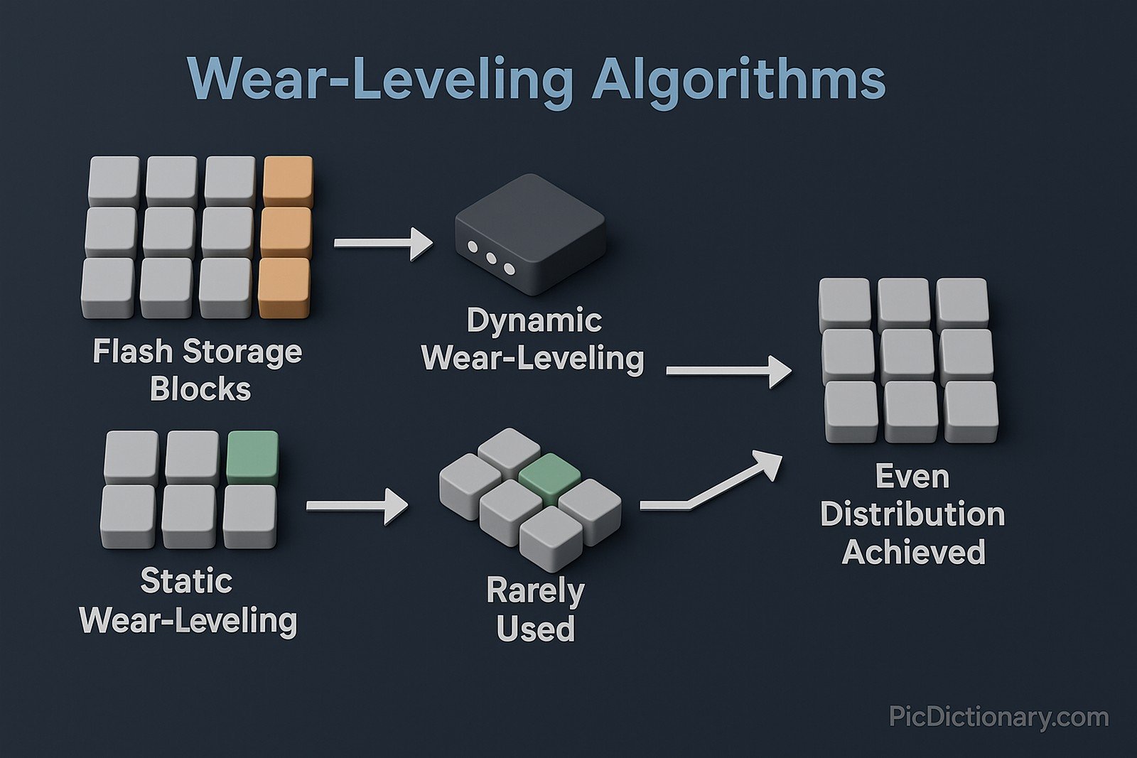 A 3D infographic illustrating the step-by-step process of wear-leveling algorithms in SSDs. The background is a dark shaded color, with a clear 5% margin around all edges. The diagram begins with a labeled "Flash Storage Blocks" section showing individual memory blocks in a grid, some marked as “Frequently Written.” Arrows lead to the next stage labeled “Dynamic Wear-Leveling,” where a controller icon redistributes writes away from overused blocks. Another branch shows “Static Wear-Leveling,” with rarely used blocks being actively swapped into usage.