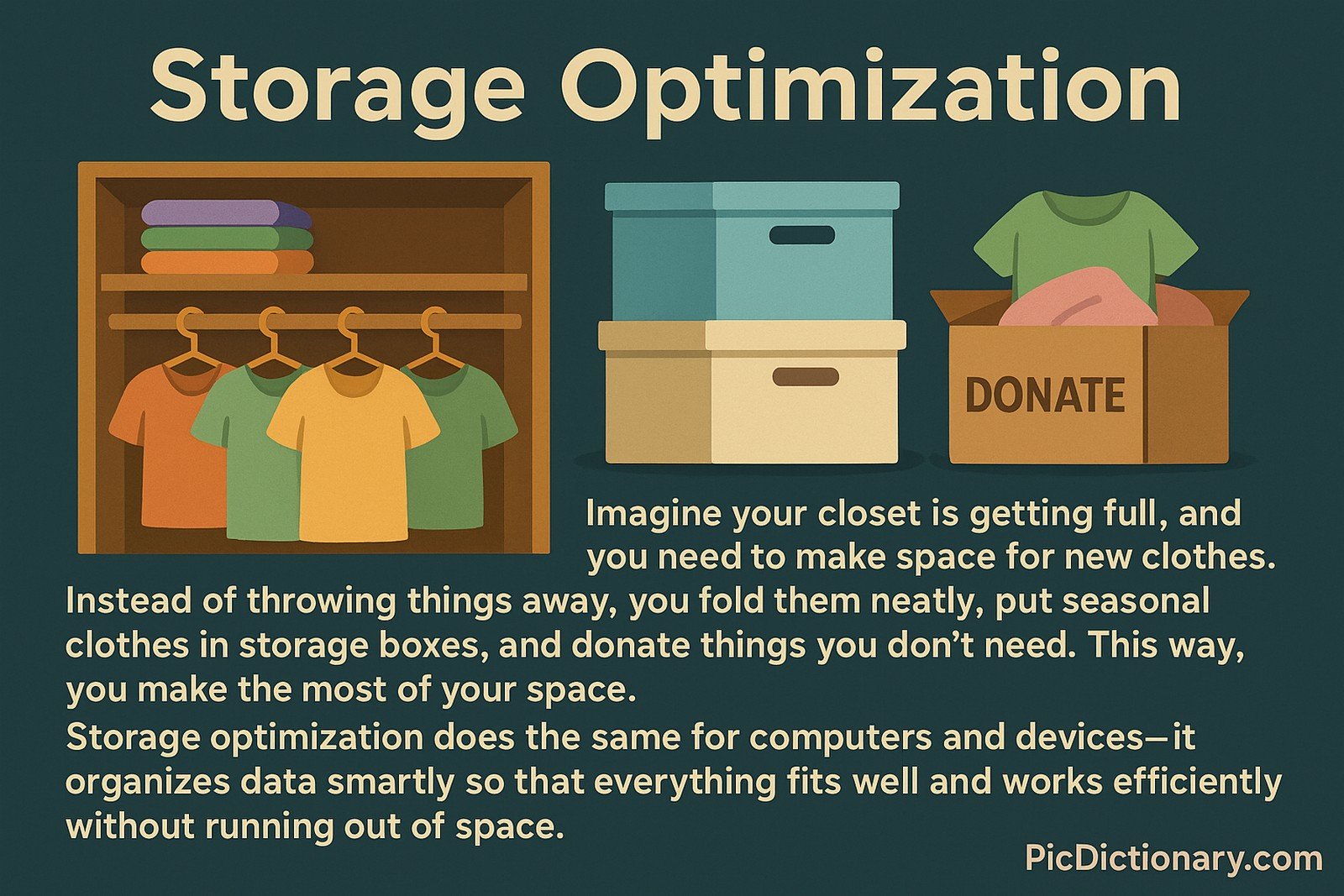 A 2D flat-style illustration showing a neatly organized closet with folded clothes and hanging shirts on the left, storage boxes in the center, and a donation box labeled "DONATE" with extra clothes on the right. The title "Storage Optimization" is at the top, with an explanatory paragraph below describing how organizing a closet relates to optimizing data storage on computers.