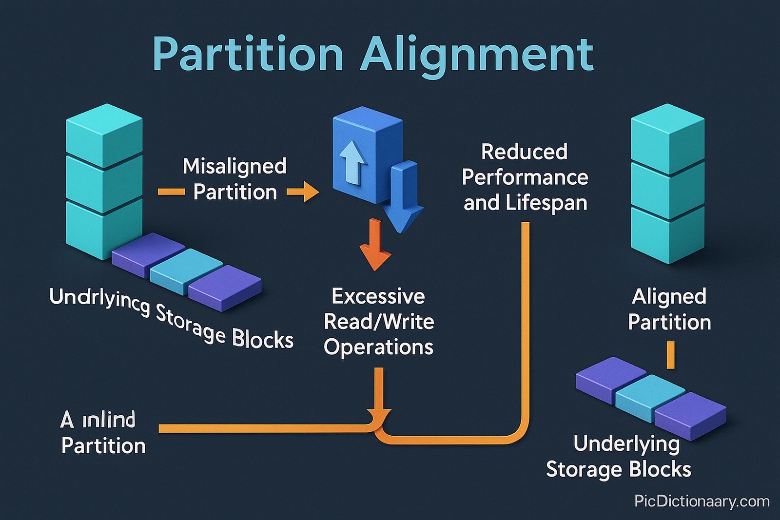 A 3D-rendered infographic titled "Partition Alignment" illustrates the process of aligning disk partitions with storage blocks. On the left, a misaligned partition sits skewed atop underlying storage blocks, leading to "Excessive Read/Write Operations" indicated by arrows. This connects to a central icon representing performance issues, labeled "Reduced Performance and Lifespan." The process continues to the right, where an "Aligned Partition" fits neatly on matching storage blocks