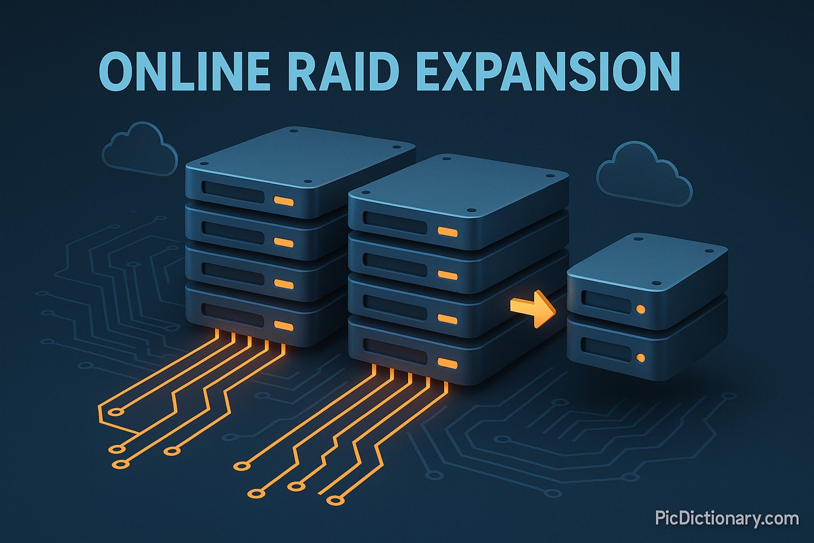 3D rendered illustration depicting "Online RAID Expansion" as a digital storage concept. The image features multiple stacked hard drives in a RAID array, connected by glowing data lines to represent live activity. New drives are shown being added seamlessly to the array, symbolizing expansion without downtime. Circuit patterns and cloud icons suggest real-time integration. 