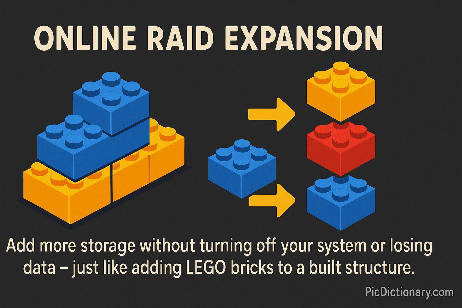 A flat digital illustration against a dark gray background shows LEGO bricks stacked to form a base structure, with arrows pointing toward additional LEGO bricks being added. The image represents Online RAID Expansion, with text reading: “Add more storage without turning off your system or losing data – just like adding LEGO bricks to a built structure.