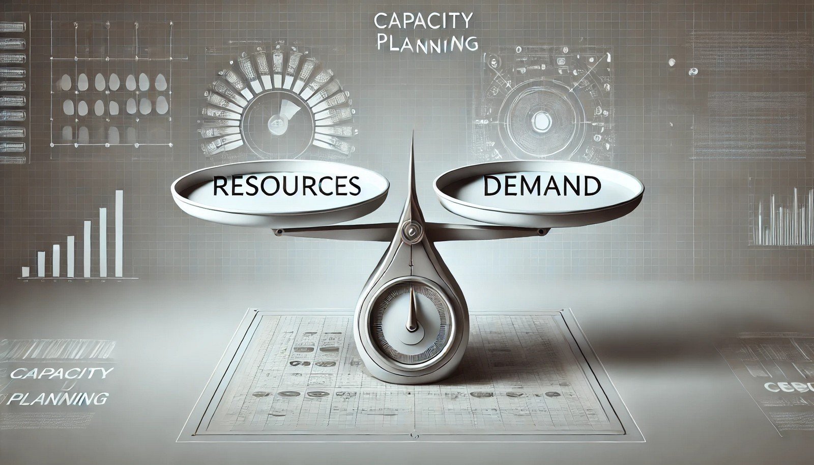  A minimalistic digital illustration of capacity planning, showing a balanced scale with resources on one side and demand on the other, symbolizing strategic resource management. Abstract tech and industrial elements enhance the efficiency theme.
