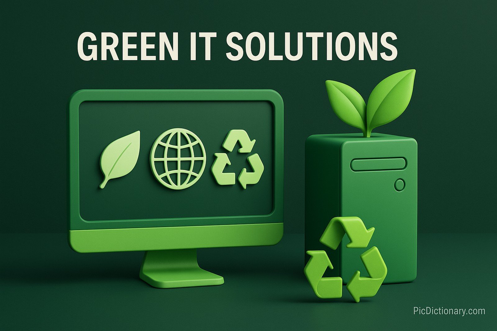 A 3D-rendered digital illustration features a green computer monitor displaying eco icons—a leaf, globe, and recycle symbol—next to a CPU tower with leaves sprouting from it and a recycle icon at the base. The background is a dark green shade, and the bold title "GREEN IT SOLUTIONS" is displayed at the top. 