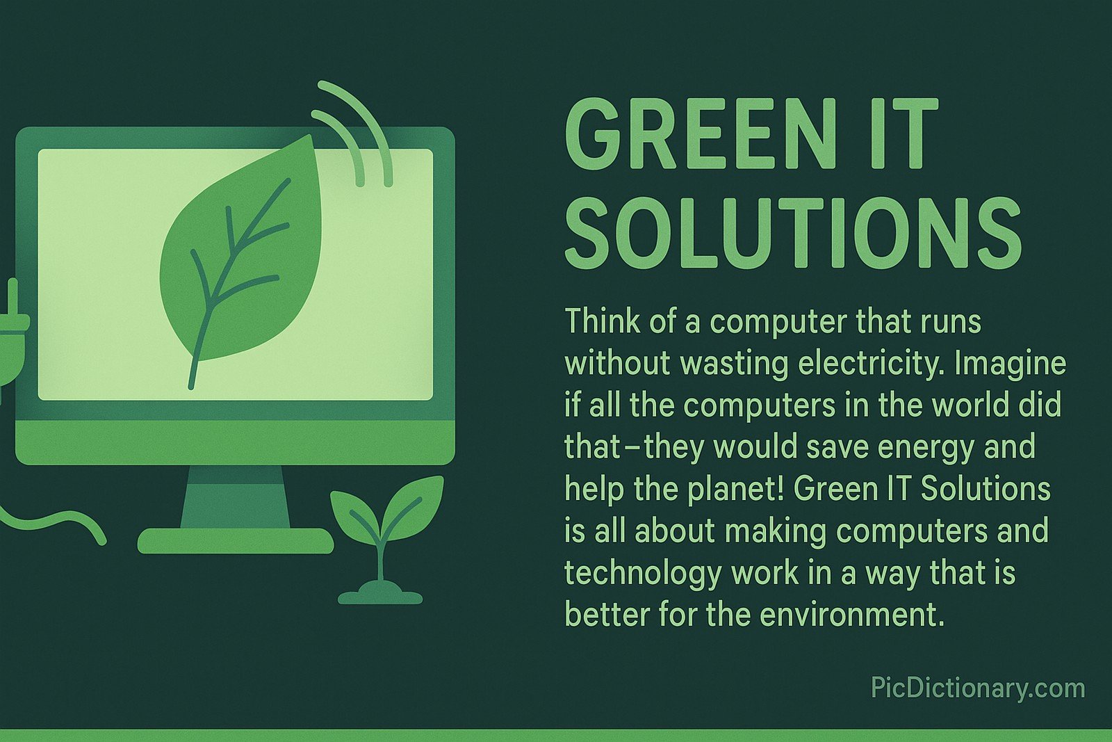  A flat-style digital illustration features the concept of Green IT Solutions. On the left, a green desktop monitor displays a large leaf, symbolizing eco-friendliness. A power plug and a small plant reinforce the theme of energy efficiency. On the right, bold text reads “GREEN IT SOLUTIONS” with a short explanation below about saving energy and helping the planet by using environmentally-friendly technology.