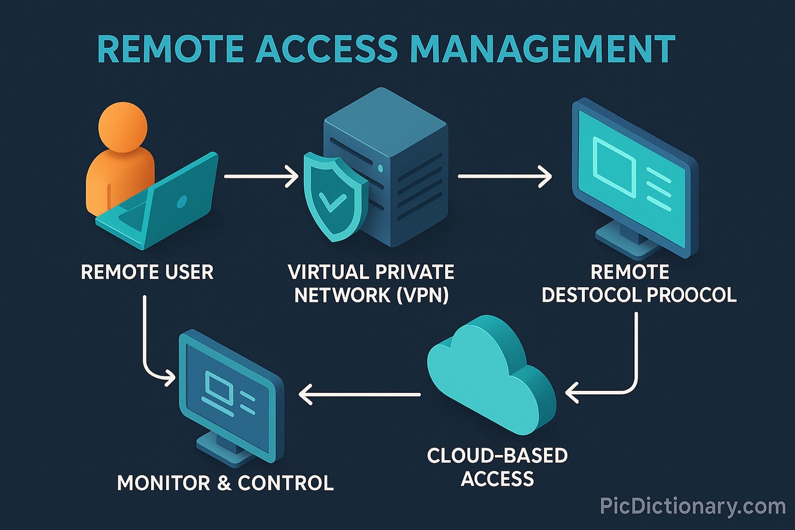 A 3D infographic titled "Remote Access Management" on a dark blue background. It shows a step-by-step visual flow: a remote user on a laptop connects to a VPN server (shield icon), then to a desktop via Remote Desktop Protocol, followed by cloud-based access, and finally a monitor & control system.
