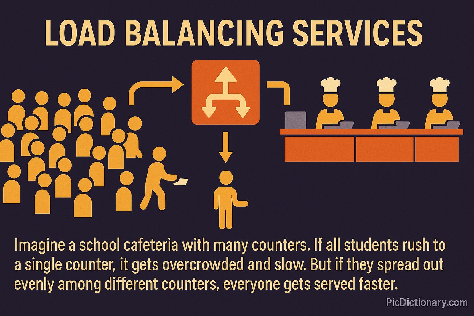 A flat-style digital illustration shows a school cafeteria setting to explain load balancing. On the left, a crowd of student icons gathers, with arrows directing them toward a central load balancer symbol (a square with branching arrows). From there, arrows lead to several serving counters on the right, each staffed by identical chef figures. Below, a caption reads: "Imagine a school cafeteria with many counters. If all students rush to a single counter, it gets overcrowded and slow. But if they spread out evenly among different counters, everyone gets served faster." 