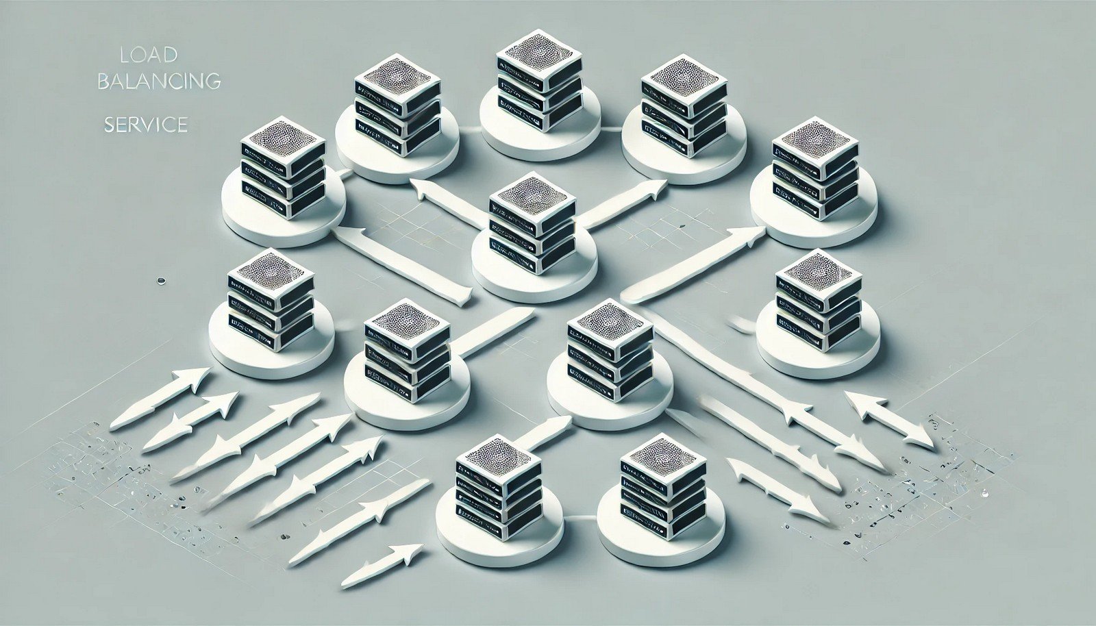  A digital illustration of load balancing services showing multiple servers evenly distributing network traffic. Arrows direct traffic efficiently among servers, symbolizing an organized and balanced system. The design is clean and minimalistic.