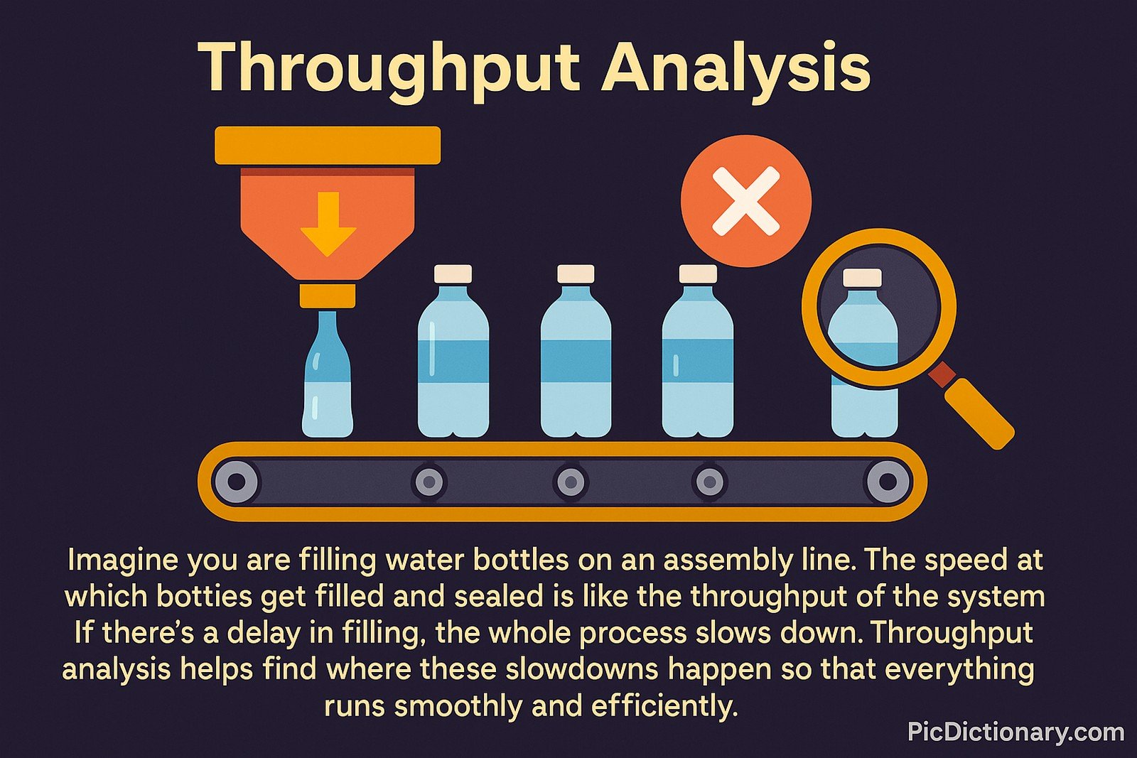 A flat-style digital illustration titled "Throughput Analysis" shows a water bottle assembly line on a dark purple background. Bottles move along a conveyor belt from a filling machine; one bottle is marked with a red "X" and highlighted by a magnifying glass, representing a slowdown. Text below explains how throughput analysis identifies delays in the process.