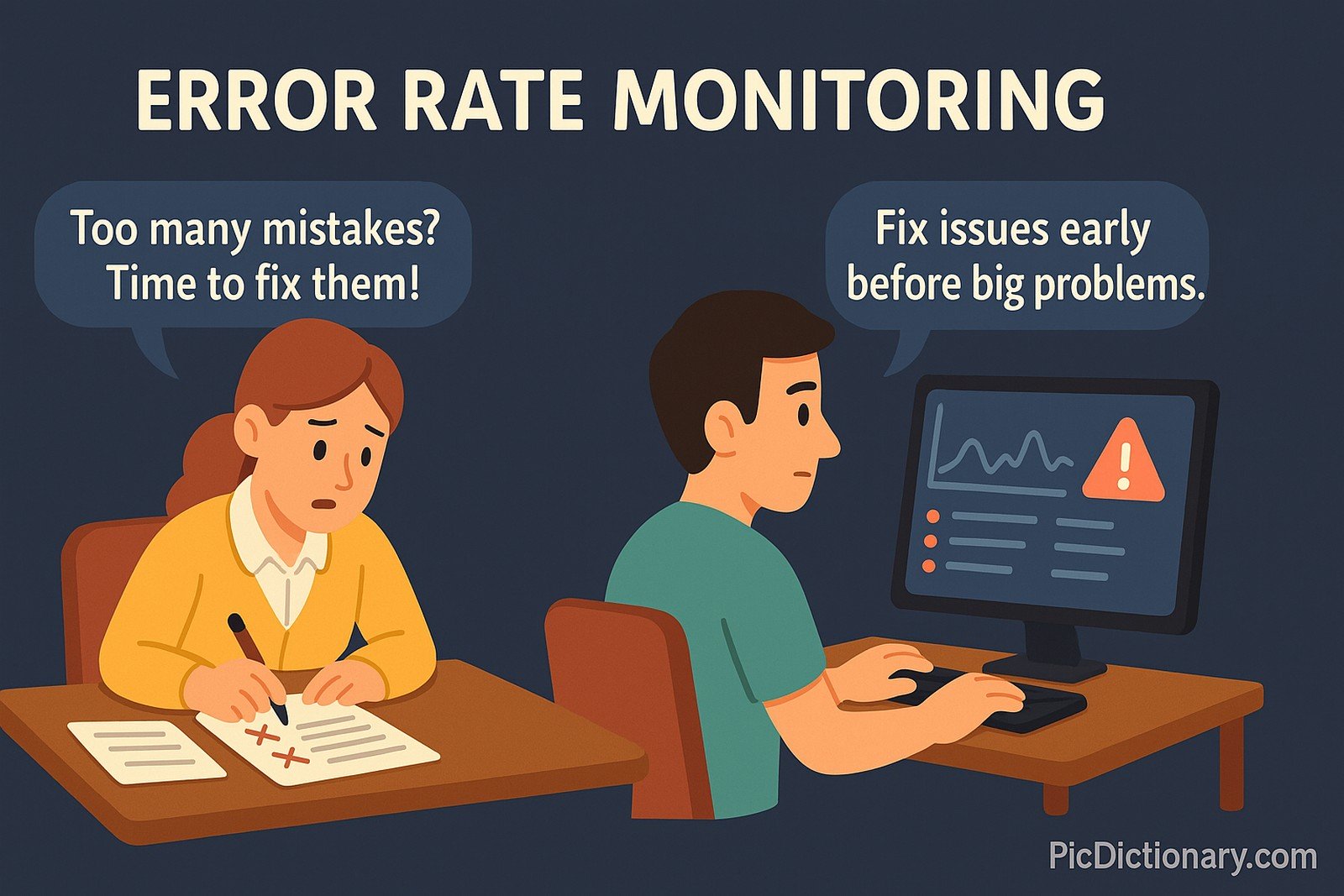 A 3D illustration showing a teacher checking a student’s homework at a desk, with visible red marks on the paper and a thoughtful expression on the teacher’s face. On the other side of the image, there's a parallel scene of a developer looking at a computer screen showing graphs and error logs, symbolizing error rate monitoring. Text bubbles explain: “Too many mistakes? Time to fix them!” and “Fix issues early before big problems.”