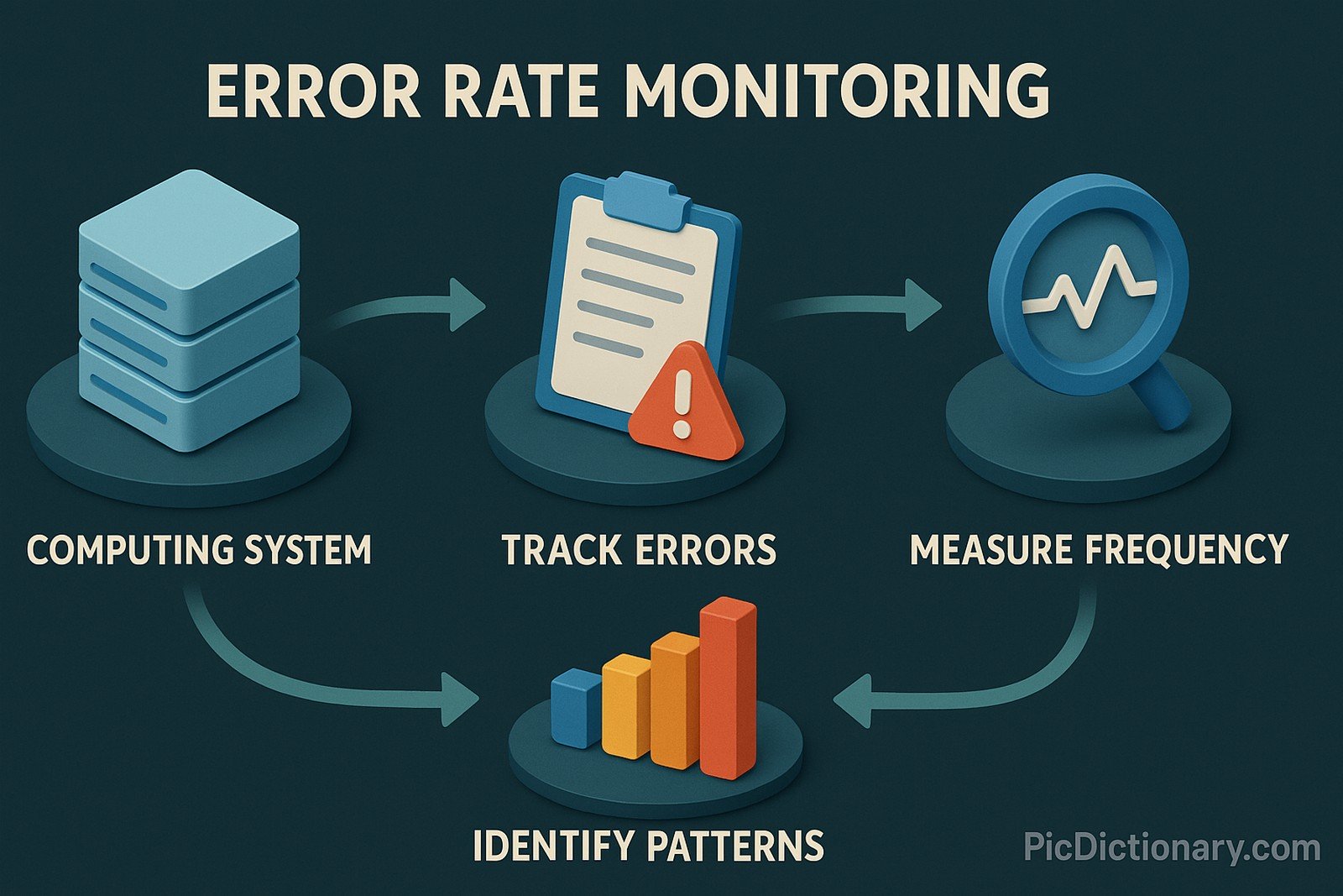 A 3D infographic titled "ERROR RATE MONITORING" displays a four-step process on a dark teal background. The steps are illustrated with icons: a server stack labeled "Computing System," a clipboard with a warning sign labeled "Track Errors," a magnifying glass over a pulse line labeled "Measure Frequency," and a colorful bar chart labeled "Identify Patterns."