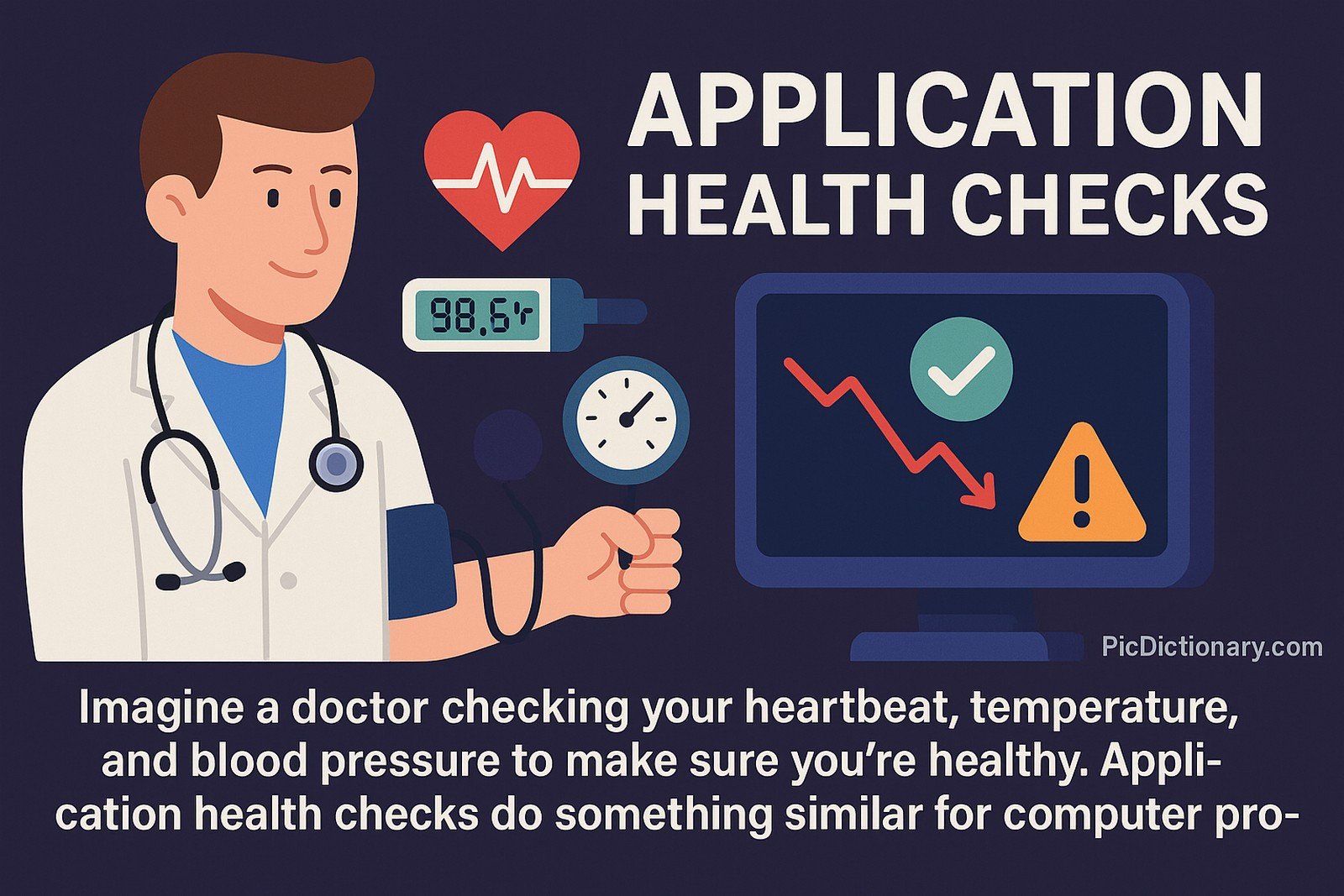 A flat-style digital illustration on a dark purple background shows a male doctor checking a patient’s vitals (thermometer, blood pressure cuff, stethoscope) next to a computer screen displaying a health check dashboard with a red error graph, green checkmark, and yellow warning icon.