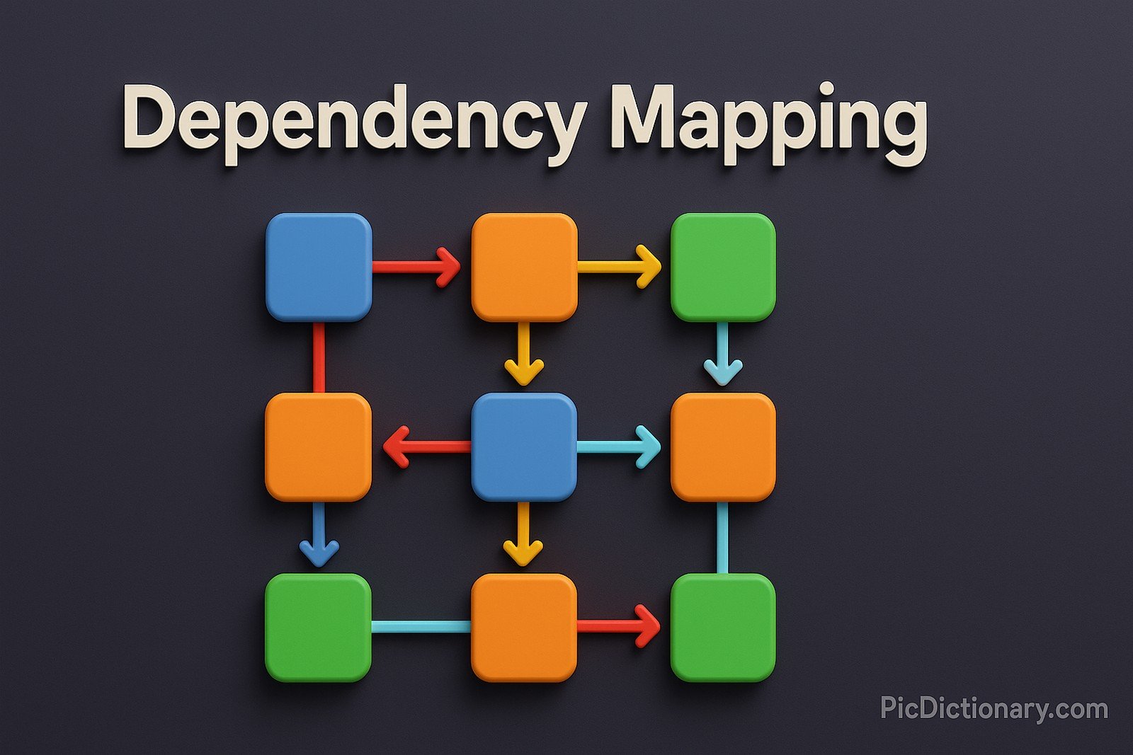 A 3D-rendered digital illustration features "Dependency Mapping" as the title in large bold white letters centered at the top. The background is a smooth dark gradient (deep blue-purple), creating contrast with the foreground. Below the title is a 3x3 grid of colorful rounded square nodes—blue, orange, and green—interconnected by directional arrows in red, yellow, and cyan, symbolizing various dependencies between components. Each arrow connects one node to another, visually representing a network of relationships.