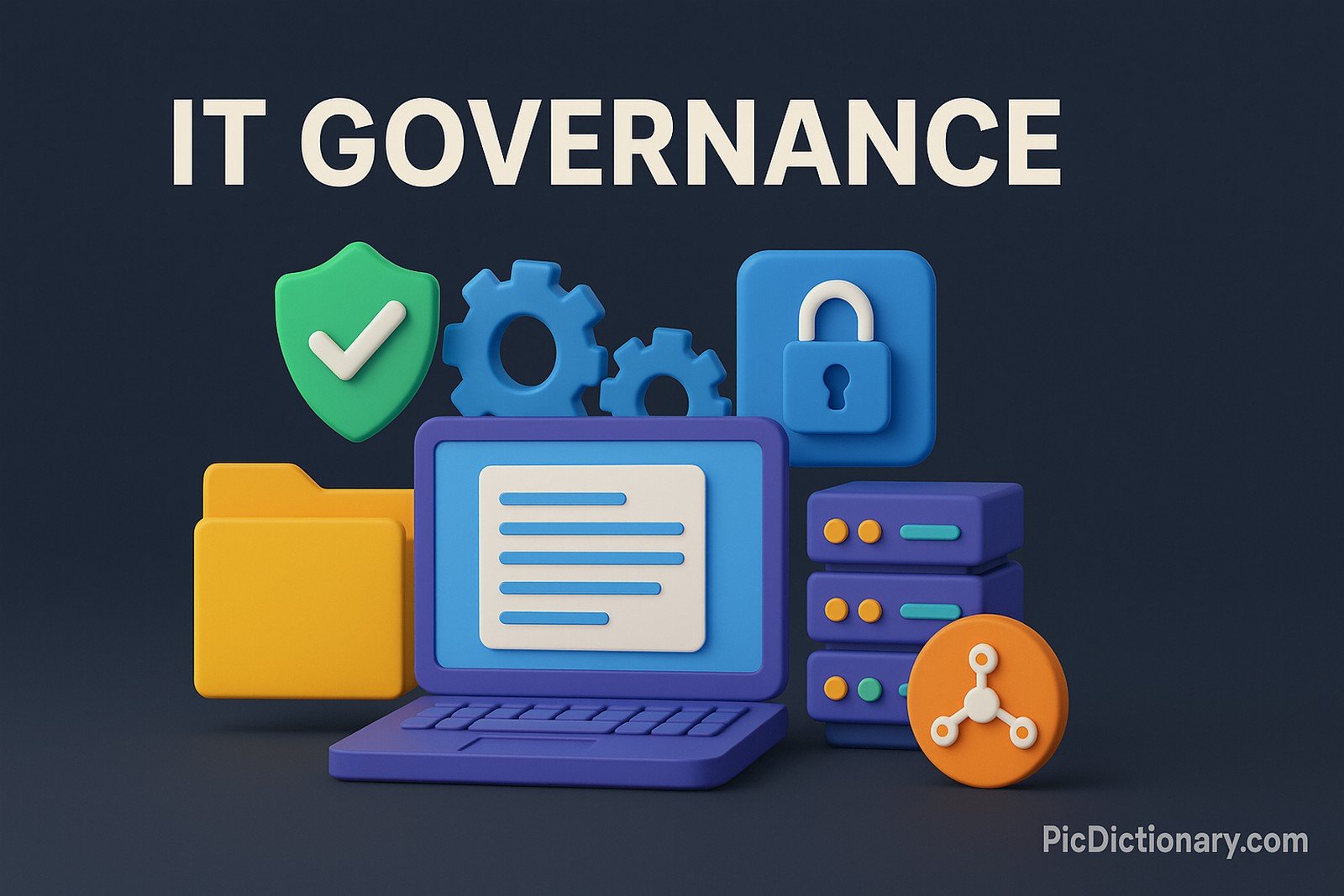 A 3D-rendered digital illustration features IT governance concepts. The image includes a central purple laptop with a document on the screen, surrounded by icons representing cybersecurity (a green shield with a checkmark), data privacy (a blue padlock), system operations (blue gears), data storage (stacked server blocks), a yellow folder, and a connected network symbol. 