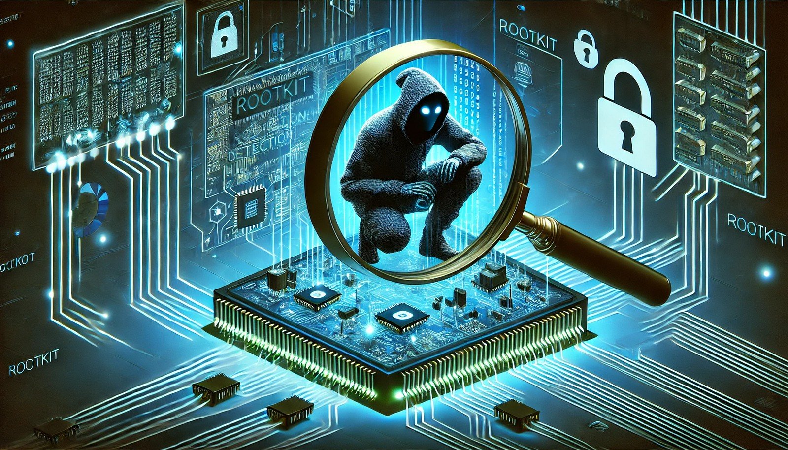  A futuristic digital illustration of rootkit detection, showing a magnifying glass scanning deep into a computer system. A hidden shadowy figure lurks within the circuits, symbolizing concealed malware. The scene glows with blue and green cybersecurity-themed elements.