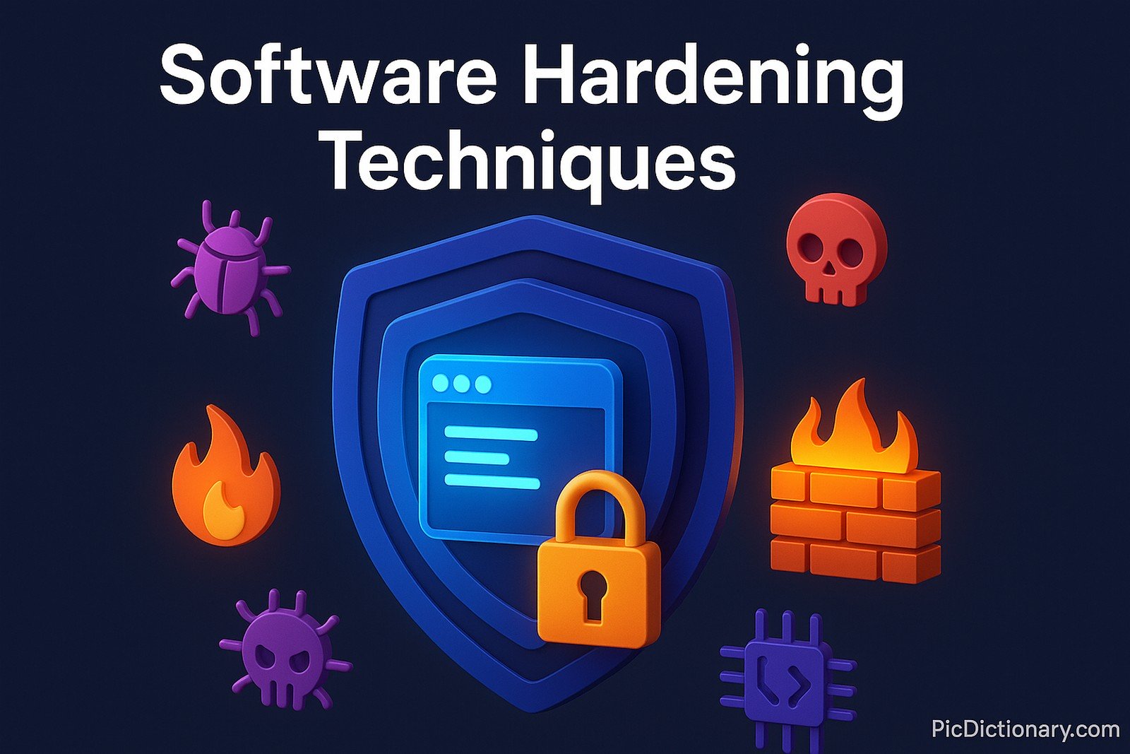 3D-rendered illustration with a dark-shaded background showing multiple layers of software protection. The visual features a glowing software window at the center, encased in concentric shields, locks, and firewall grids, representing techniques like code obfuscation, access control, and sandboxing. Icons of malware, bugs, and exploits are shown being deflected outside the outermost layer.