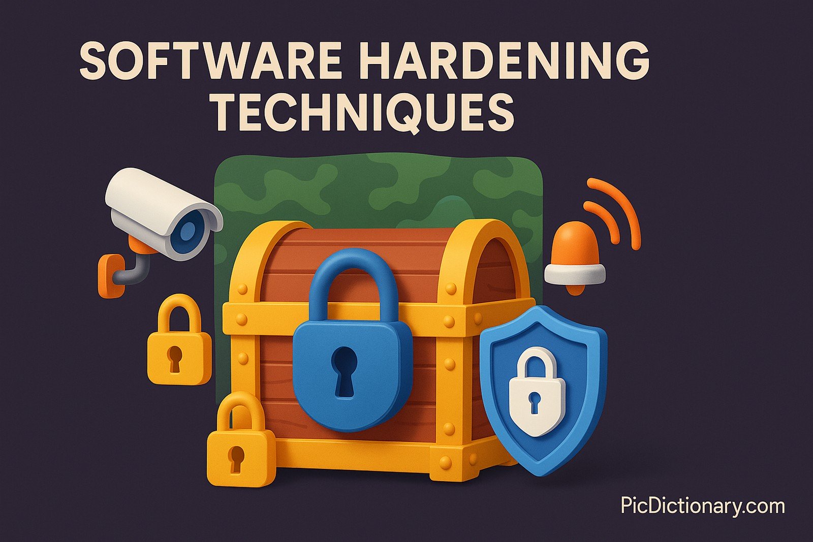 A 3D illustration shows a treasure chest protected by multiple security layers. The chest is locked with a large padlock, surrounded by security cameras, alarm sensors, and hidden behind a camouflage screen. A digital shield icon and small padlocks overlay the chest to symbolize cybersecurity.