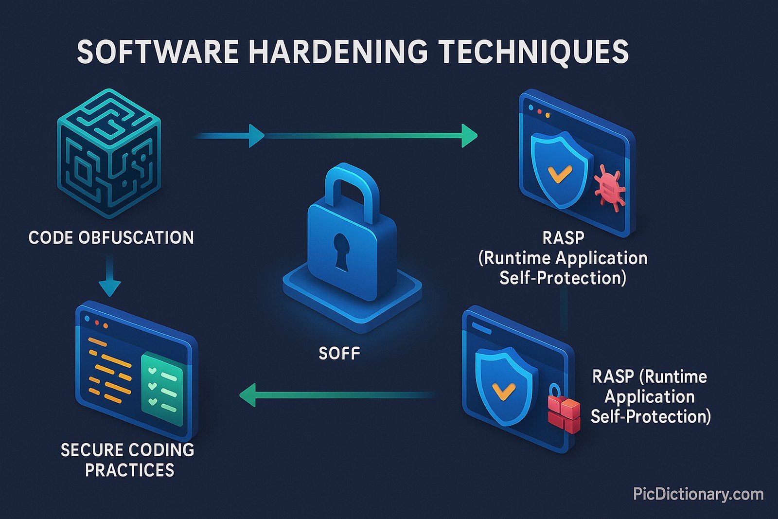 Code Obfuscation – A code block icon wrapped in a maze-like layer, symbolizing hidden logic.  Patch Management – A gear and shield symbol being updated with a progress bar, indicating regular security updates.  Secure Coding Practices – A checklist icon overlaid on source code lines, representing preventive development methods.  RASP (Runtime Application Self-Protection) – A live app window with a shield reacting to a red malware icon, showing in-app threat defense.  System Configuration Hardening – Server and firewall icons with locked settings sliders, illustrating tightened security configurations.