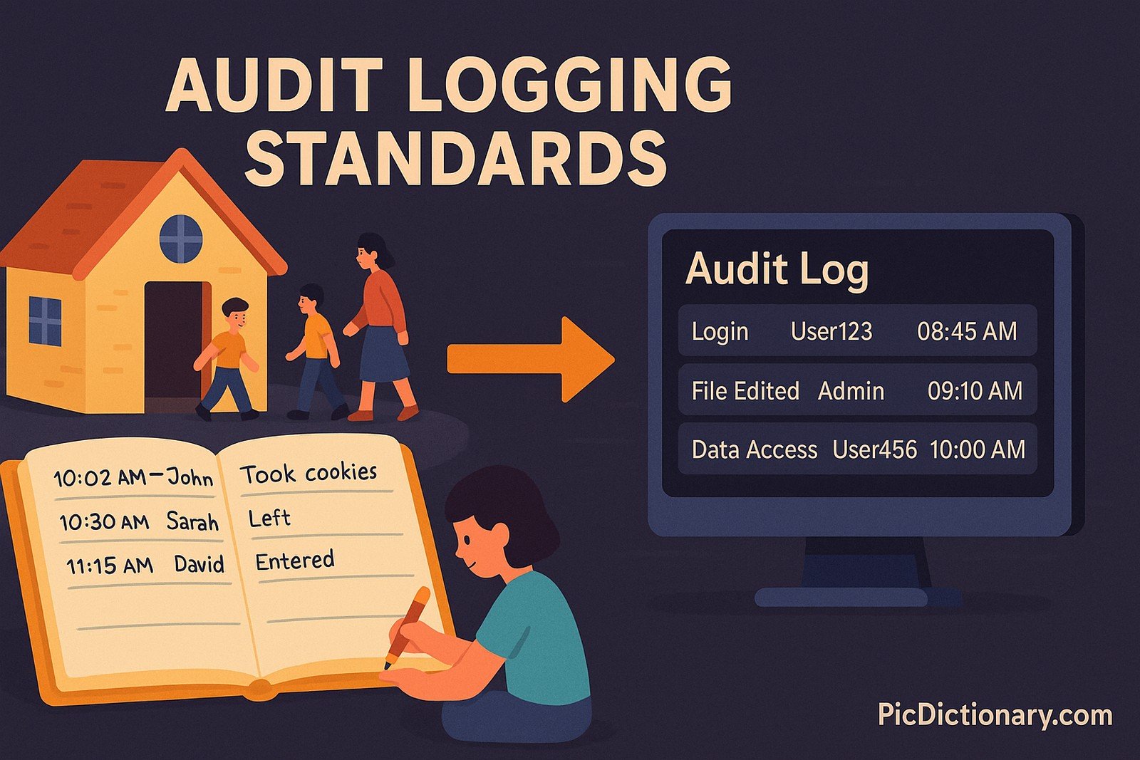 A 3D or flat-style illustration shows a cozy house entrance with a large open notebook nearby. A child-like figure is shown writing in the notebook while people (visitors) are entering and leaving the house. Each entry has a timestamp, name, and action (e.g., "10:02 AM – John – Took cookies"). Beside this, a digital scene mirrors the concept with a computer dashboard labeled “Audit Log” displaying entries like “Login – User123 – 08:45 AM” and “File Edited – Admin – 09:10 AM.” Arrows link both scenes, showing the analogy between real-life notes and digital audit logs.