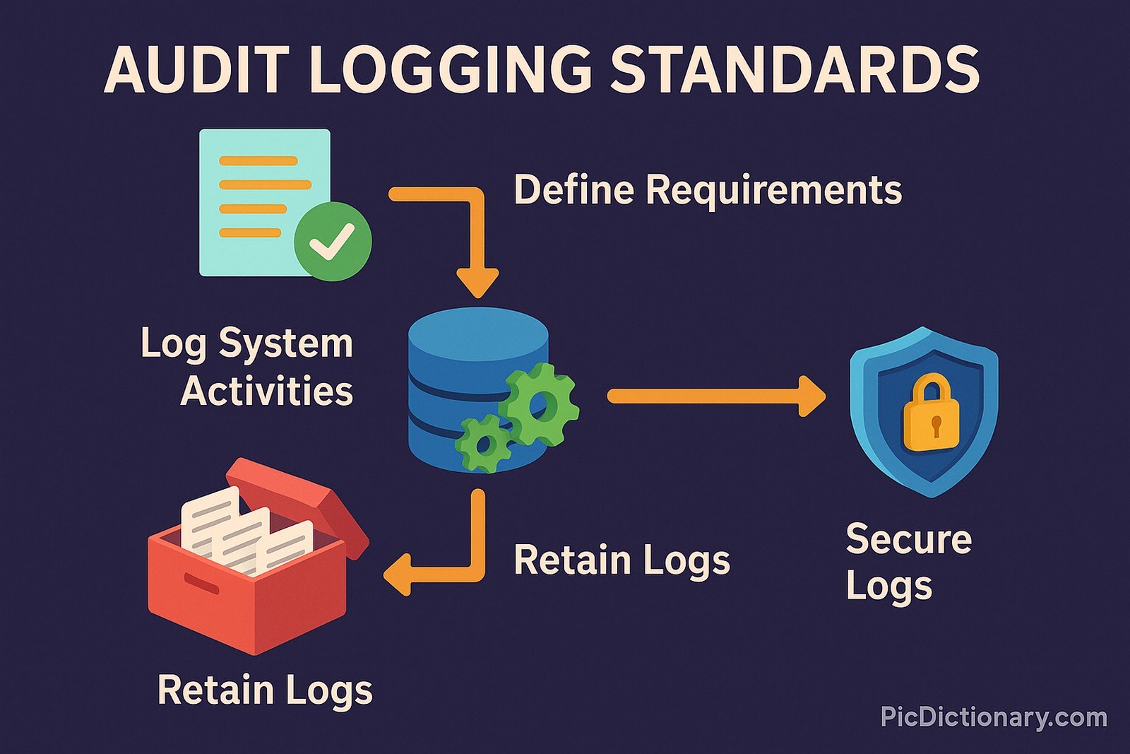 A 3D-style infographic titled "Audit Logging Standards" shows a dark-themed workflow with four key steps: “Define Requirements” (icon of a checklist), “Log System Activities” (icon of logs feeding into a database), “Retain Logs” (icon of a file box storing documents), and “Secure Logs” (icon of a shield with a lock). Arrows connect each stage, forming a clear circular data lifecycle.