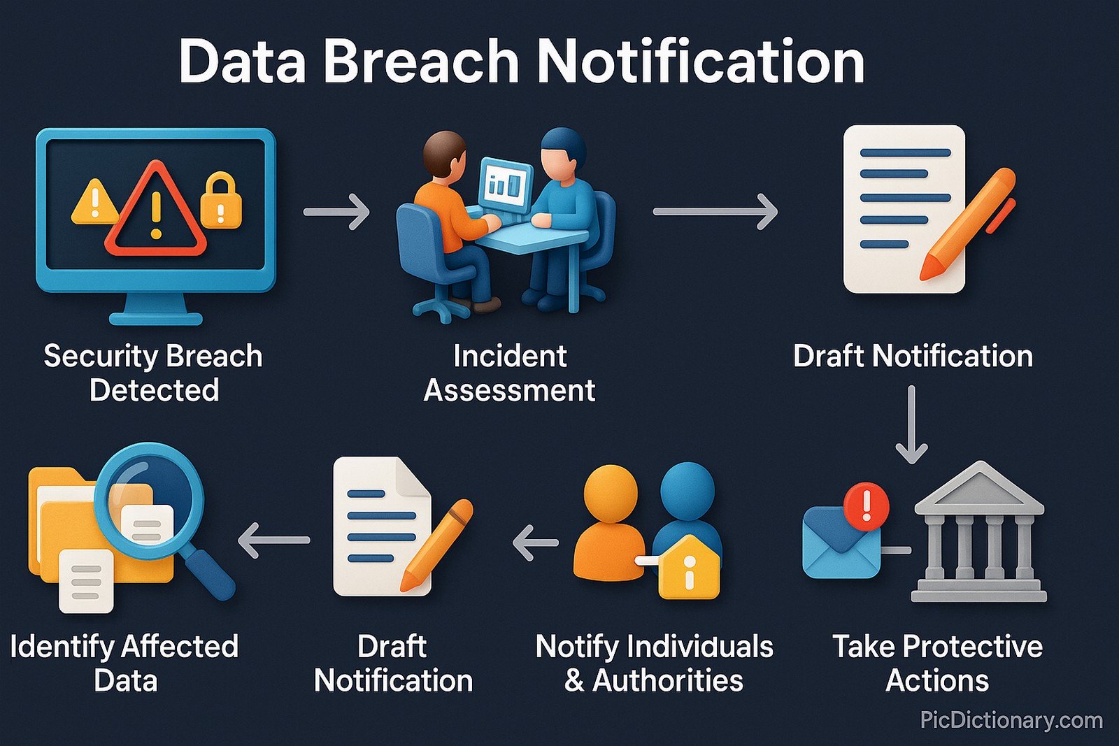 A 3D infographic illustration with a dark background showing the step-by-step process of a data breach notification. The image begins with a computer screen labeled "Security Breach Detected" with warning icons. Next, a step labeled "Incident Assessment" shows analysts examining data. The following step is "Identify Affected Data" represented by folders and documents under magnifying glass visuals. Then, "Draft Notification" is shown with a document icon and pen symbol. "Notify Individuals & Authorities" follows, with icons of people, email alerts, and a government building. Finally, a step titled "Take Protective Actions" displays a checklist and lock icon.