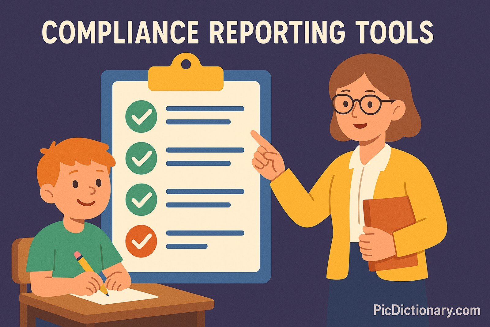 A colorful 2D digital illustration titled "COMPLIANCE REPORTING TOOLS" shows a smiling student writing at a desk while a teacher points at a large checklist on a clipboard. The checklist has green and orange check marks.