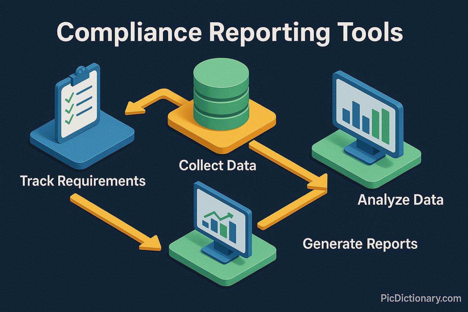 A 3D isometric infographic titled “Compliance Reporting Tools” shows a four-step workflow. The steps include: “Track Requirements” with a checklist icon, “Collect Data” with a stacked database icon, “Analyze Data” with a computer monitor showing a bar chart, and “Generate Reports” with another monitor showing a pie chart. Bright yellow arrows connect each step in a circular flow. 