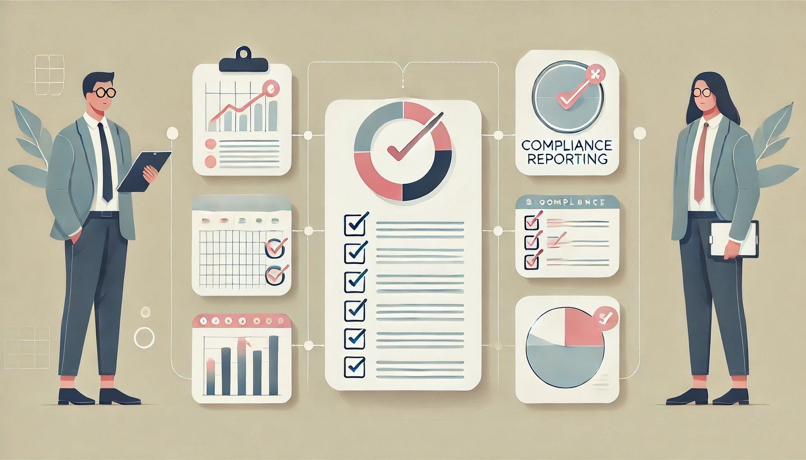  A minimalistic digital illustration of compliance reporting tools, featuring a dashboard with charts, checklists, and a progress tracker. The soft-colored design represents automated compliance monitoring without any text elements.