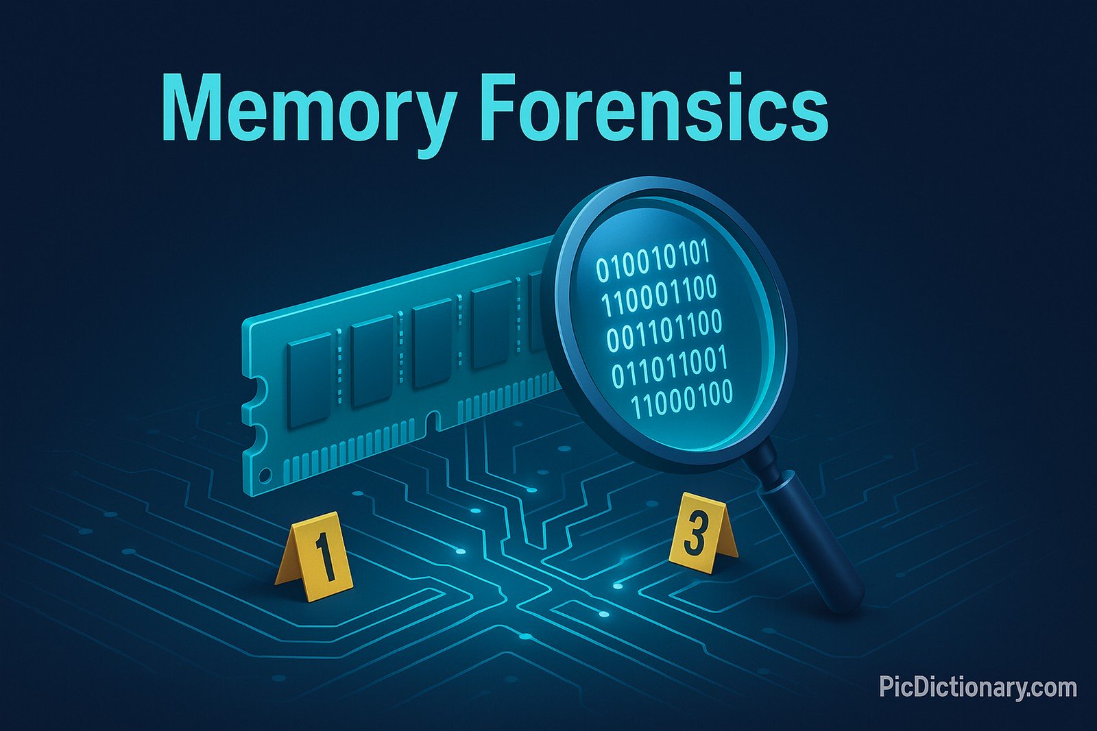 A glowing magnifying glass enlarges lines of binary code on the RAM, while small yellow crime‑scene evidence markers “1” and “3” sit on the board beneath. 