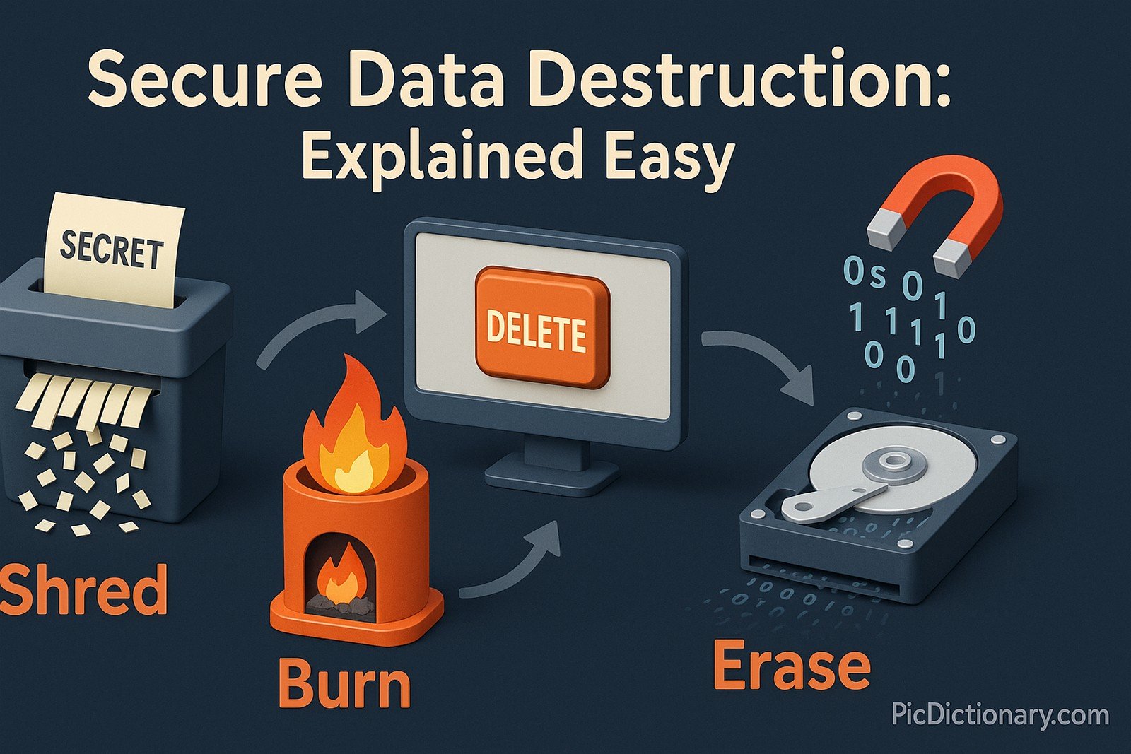 A clean 3D infographic on a dark navy background shows three friendly‑looking data‑destruction methods arranged left‑to‑right inside a generous margin. Left: A shredder labeled “Shred” turns a sheet marked “SECRET” into confetti. Center: A small cylinder furnace with flames, captioned “Burn,” symbolizes incineration. An arrow points toward a computer monitor featuring an oversized orange “DELETE” key.