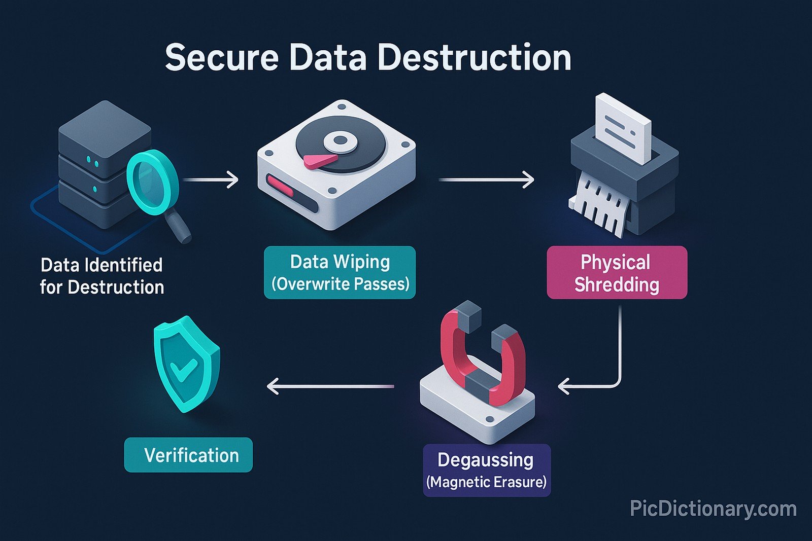 A left‑to‑right, then downward looping workflow shows: (1) server stack with magnifying glass labeled “Data Identified for Destruction,” arrow to (2) hard‑disk icon labeled “Data Wiping (Overwrite Passes),” arrow to (3) paper shredder labeled “Physical Shredding,” arrow down to (4) horseshoe magnet labeled “Degaussing (Magnetic Erasure),” arrow left to (5) shield with check‑mark labeled “Verification,” arrow up completing the loop.