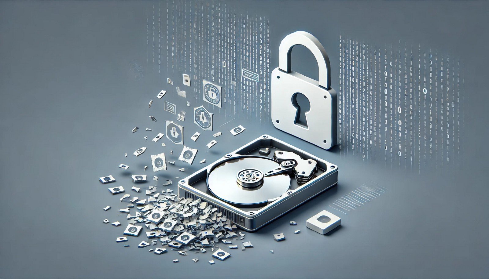  A conceptual illustration of secure data destruction, featuring a hard drive being shredded into tiny pieces with a glowing digital lock symbol in the background, representing cybersecurity, data protection, and permanent deletion.
