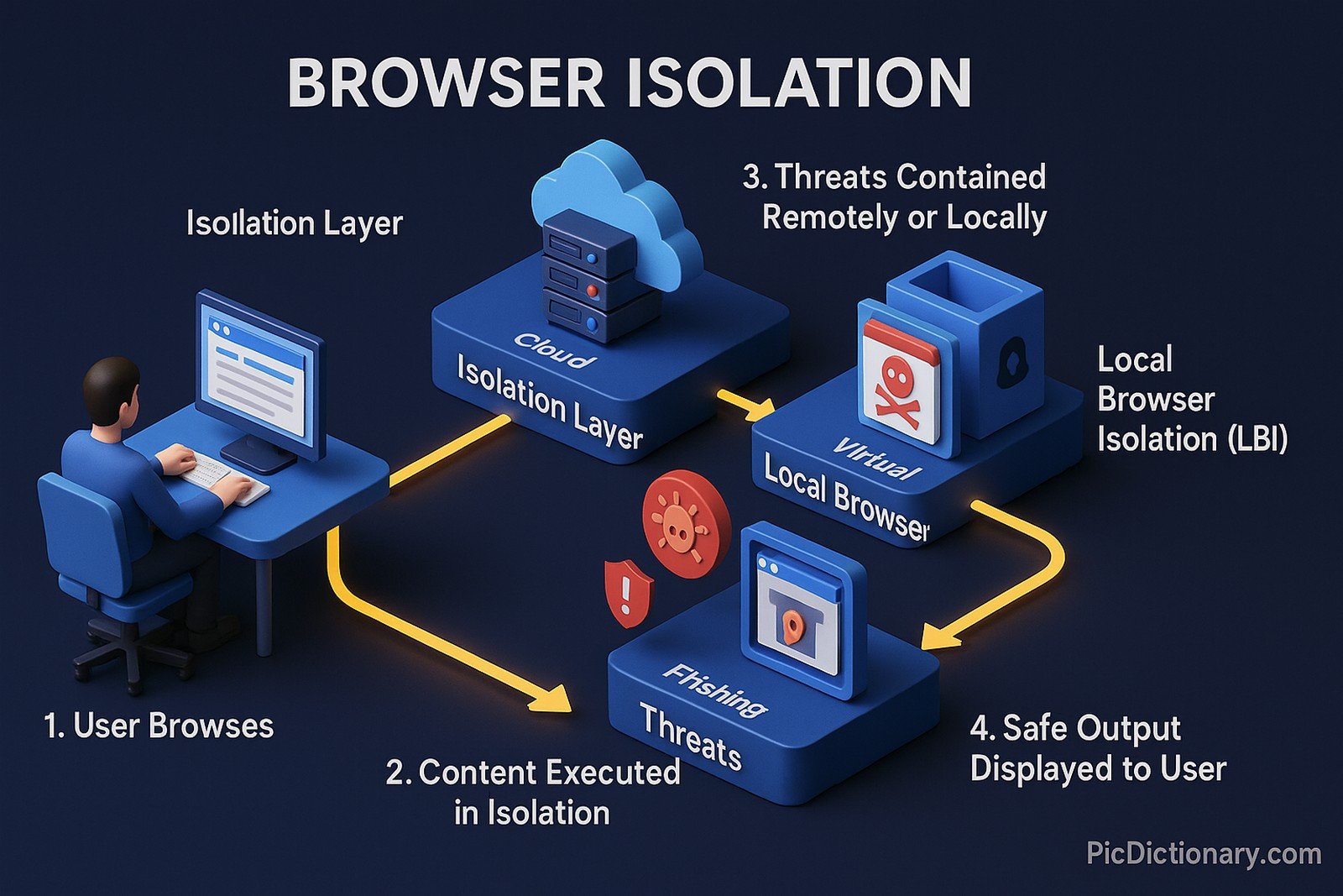 A 3D infographic showing the step-by-step process of browser isolation in a 16:9 dark-themed image. On the left, a user is shown browsing the internet using a computer labeled "User Device." From the browser, a glowing arrow leads to a middle zone labeled "Isolation Layer," which splits into two parts: "Remote Browser Isolation (RBI)" with a cloud server icon and "Local Browser Isolation (LBI)" with a virtual container icon. Both isolation paths show suspicious web content (like a virus icon and a phishing page) being contained within these environments.