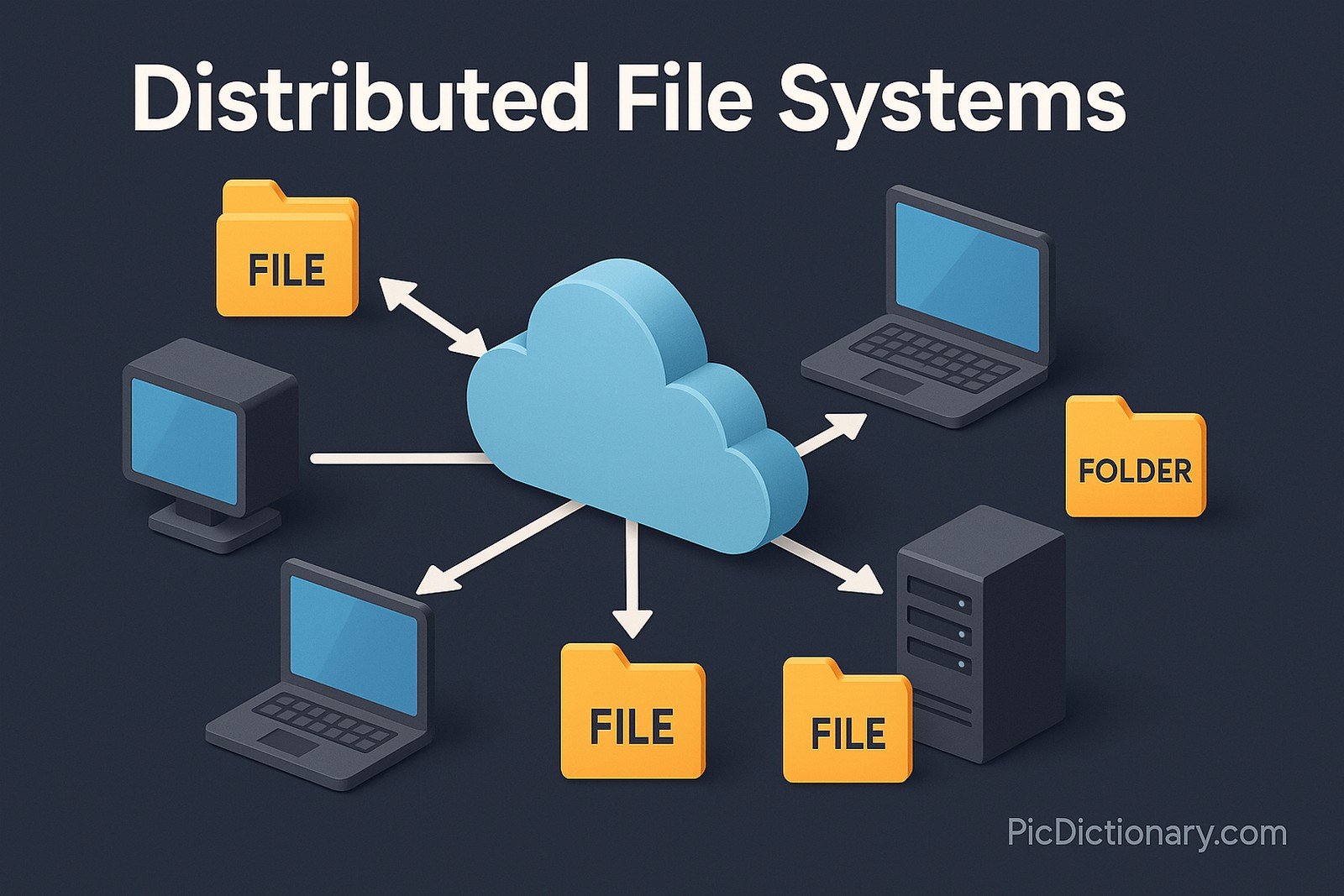 3D rendered illustration of a distributed file system. The scene shows multiple computer nodes (desktops, laptops, and servers) connected to a shared cloud-like storage hub in the center, representing the distributed file system. Each node has labeled folders or files with arrows pointing to and from the central storage, illustrating data access and sharing. The title "Distributed File Systems" is prominently displayed at the top. 