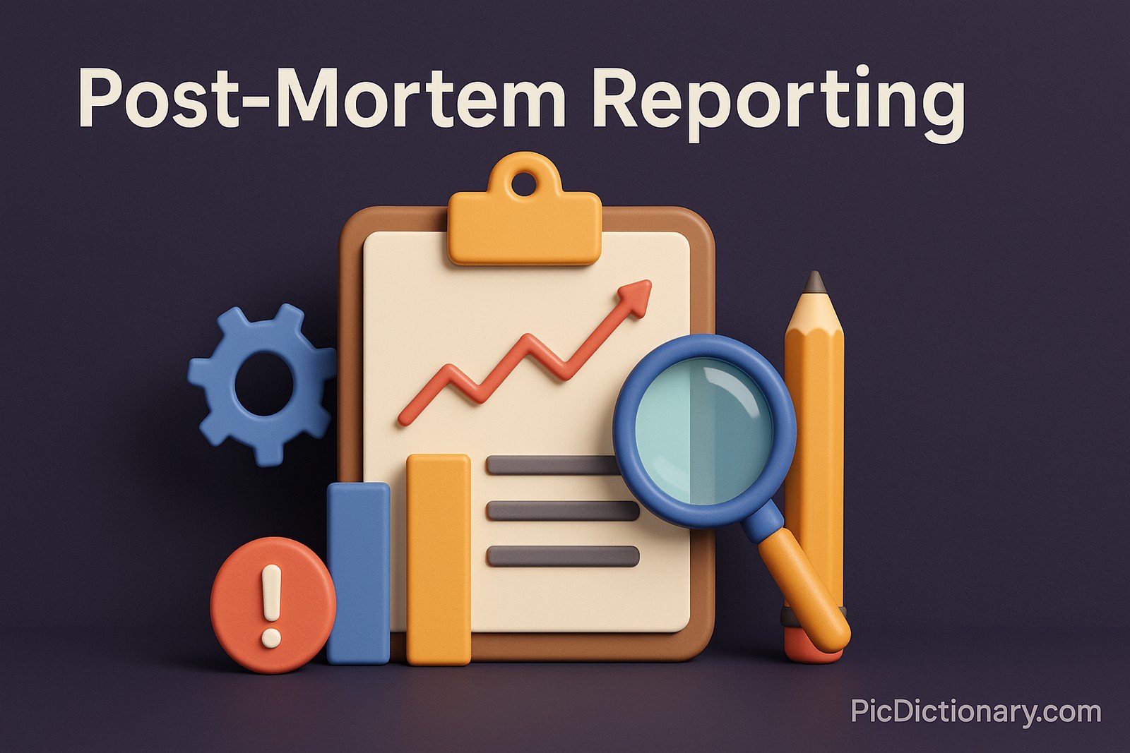 A 3D-rendered illustration titled "Post-Mortem Reporting" displays a clipboard with a red trend line graph, bar charts, a gear icon, an exclamation mark, a magnifying glass, and a pencil, all arranged neatly on a dark purple background. 