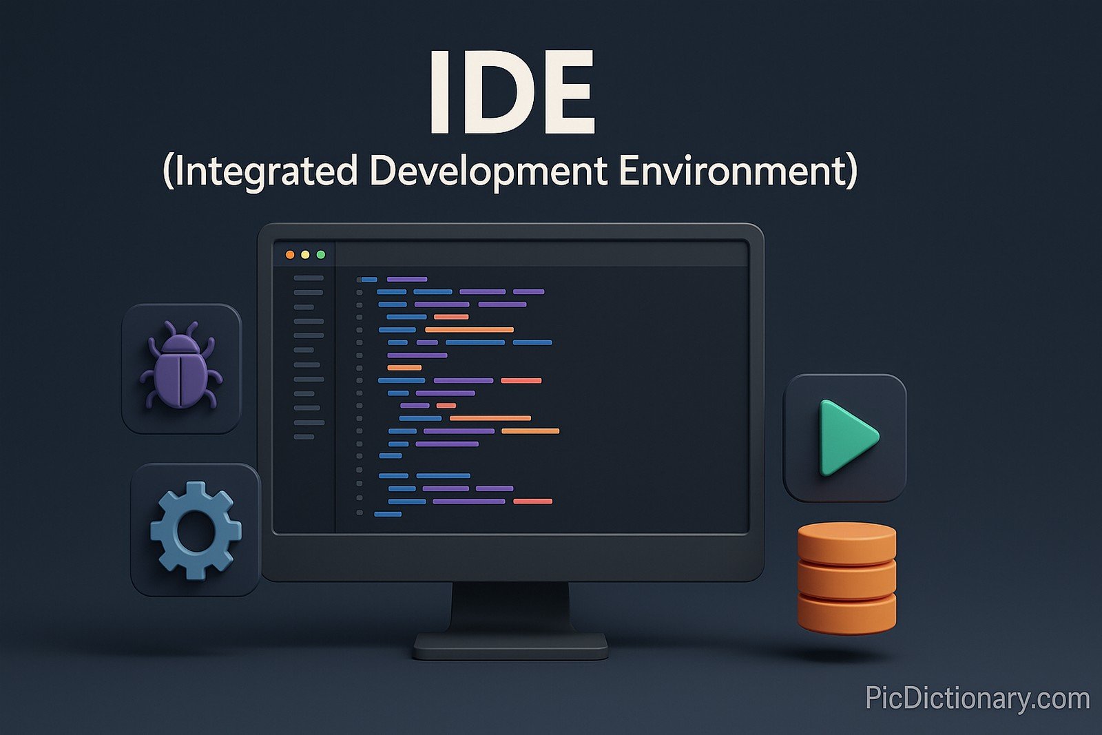 3D rendered image illustrating the concept of an IDE (Integrated Development Environment). The scene shows a sleek, modern dark-themed workspace with a central computer monitor displaying a colorful code editor with syntax highlighting. Surrounding the monitor are 3D icons representing key IDE tools like a bug (debugger), gear (build tools), play button (run), and database symbol (integrated database access)