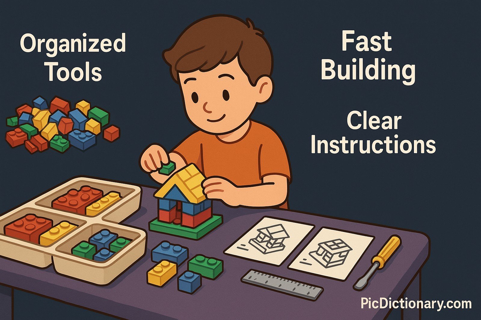 A 3D illustration showing a child building a Lego model at a well-organized workstation. The desk has sorted Lego bricks in trays, clear instruction sheets, and helpful tools like a mini wrench and ruler—everything within easy reach. Floating text labels say: “Organized Tools,” “Clear Instructions,” and “Fast Building.”