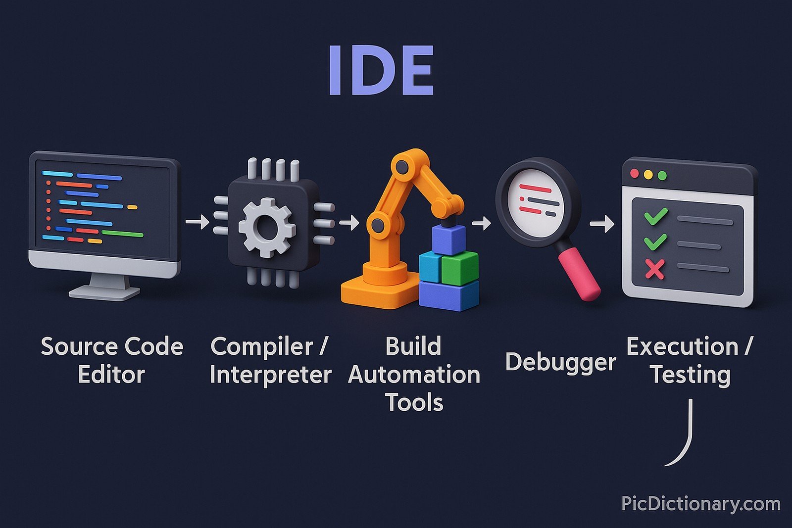 All steps are connected with arrows and labeled clearly in concise text. The illustration combines realistic 3D visual elements with a clean, modern design, visually explaining how an IDE integrates multiple tools to assist developers throughout the software development cycle.