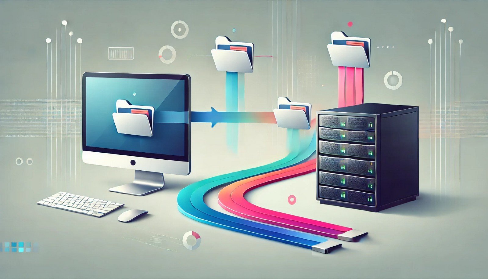 A clean illustration showing a desktop computer and a server with colorful arrows representing data transfer, folders and documents moving between them, symbolizing fast and secure file exchange visually.
