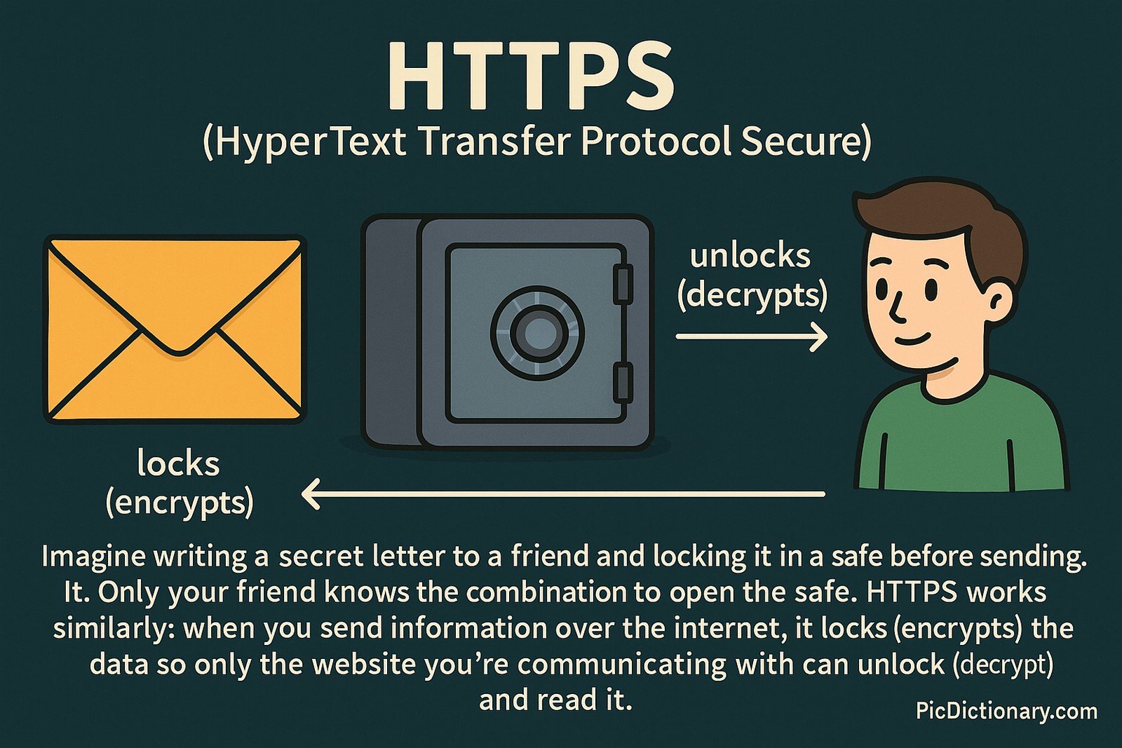 A 2D digital illustration against a dark teal background explaining HTTPS. On the left, there's a yellow envelope labeled “locks (encrypts)” pointing to a gray safe in the center. To the right of the safe, a smiling person is shown with an arrow labeled “unlocks (decrypts)” pointing toward them. Below, the text explains: “Imagine writing a secret letter to a friend and locking it in a safe before sending it.