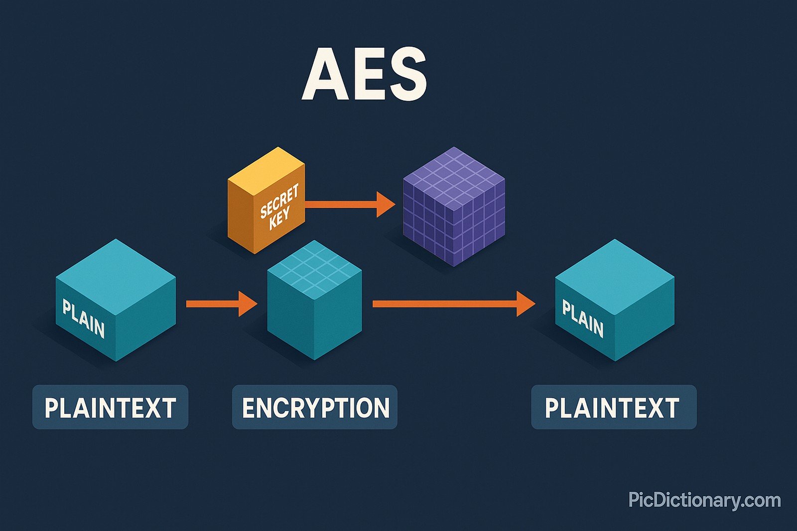 A 3D infographic illustration showing the AES encryption process. On a dark blue background, a block labeled "Plain" (representing plaintext) moves through an "Encryption" phase using a "Secret Key," becoming a purple encrypted block. The process then reverses, converting the encrypted block back into "Plain" (plaintext). Each stage—Plaintext, Encryption, Secret Key, Ciphertext, and Decryption—is clearly labeled. 