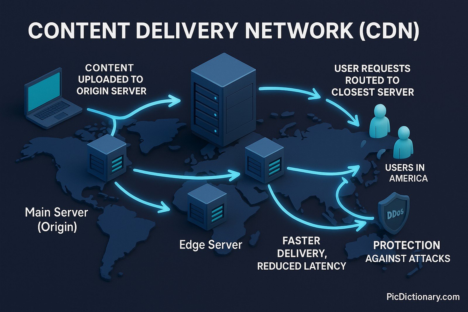 A 3D infographic illustrating the workflow of a Content Delivery Network (CDN). At the center is an origin server labeled "Main Server (Origin)," connected by glowing arrows to multiple servers around a world map labeled as "Edge Servers." Each edge server is placed near icons of cities or users labeled "Users in Asia," "Users in Europe," "Users in America," etc.