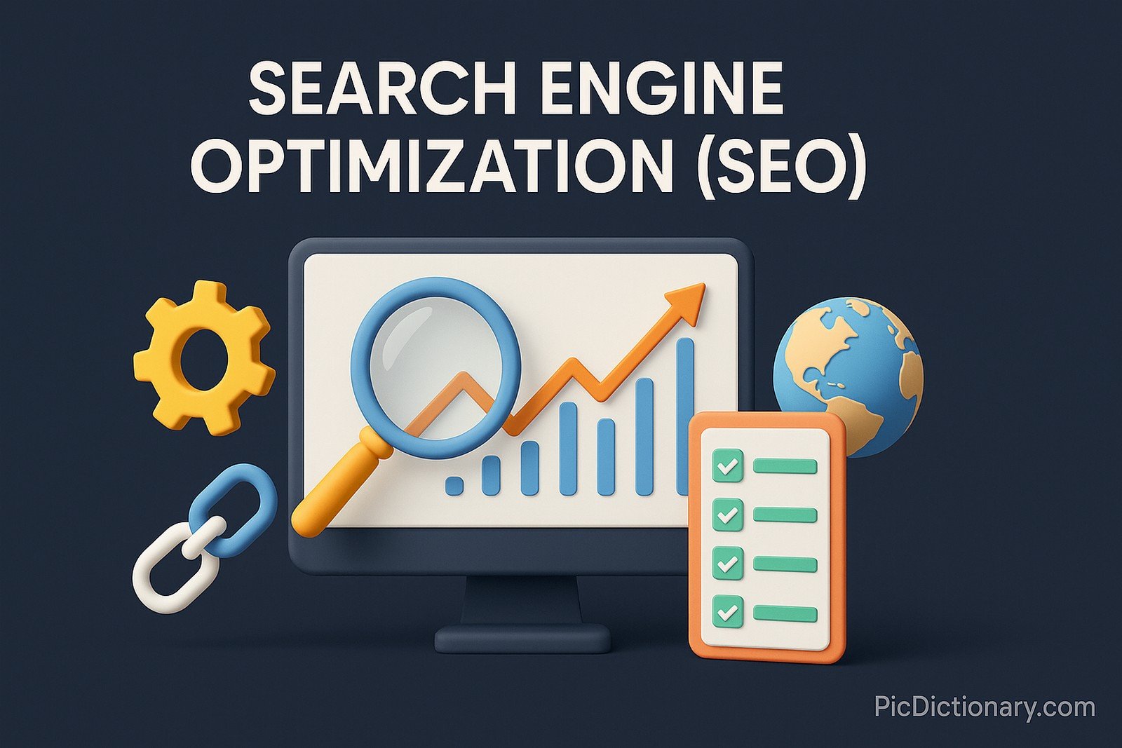  3D rendered infographic-style image illustrating the concept of Search Engine Optimization (SEO). The central visual shows a large desktop screen displaying a rising line graph with a magnifying glass symbolizing search. Surrounding it are 3D icons such as a gear (for optimization), chain links (for backlinks), a globe (representing web reach), and a checklist (for on-page SEO). 