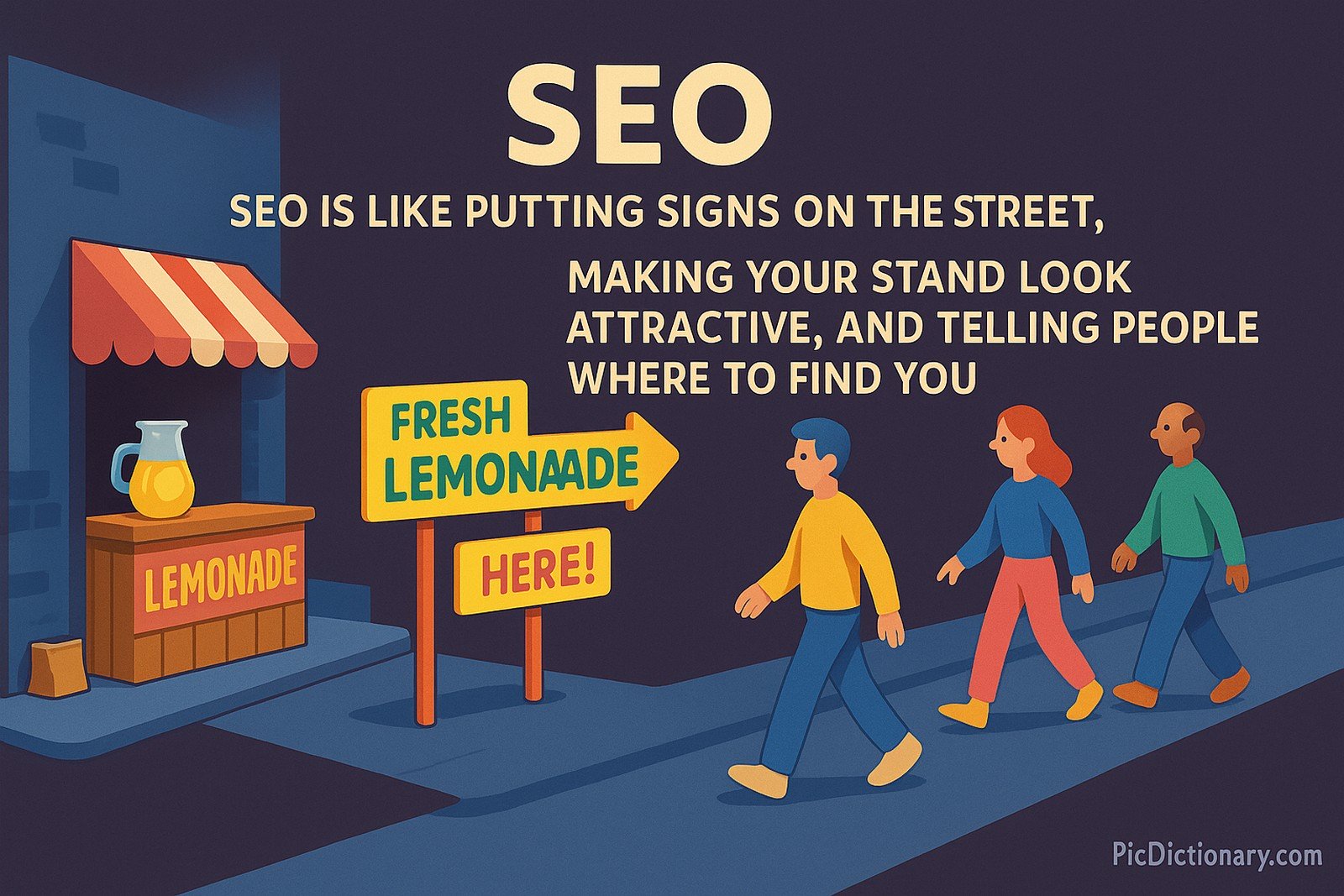 A playful 3D-style illustration showing a lemonade stand tucked in a back alley with no visitors. Colorful signs labeled “Fresh Lemonade Here!” are placed on the main street, pointing toward the stand. As a result, people start walking toward it. The scene visually compares SEO to adding signs that guide people to the hidden stand, symbolizing how SEO increases website visibility. 