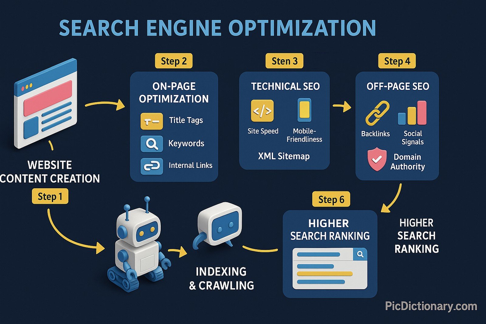 A 3D infographic in 16:9 aspect ratio with a dark-shaded background showing the step-by-step process of Search Engine Optimization (SEO). The flow starts with a website illustration labeled “Website Content Creation” (Step 1), followed by “On-Page Optimization” with icons for title tags, keywords, and internal links. Next is “Technical SEO,” showing elements like site speed, mobile-friendliness, and XML sitemap. The fourth step is “Off-Page SEO,” featuring backlinks, social signals, and domain authority visuals. Then comes “Indexing & Crawling,” with a 3D search engine bot crawling the site. Finally, “Higher Search Ranking” displays a search results page with the optimized site ranking at the top. Each step is clearly labeled in concise text. 